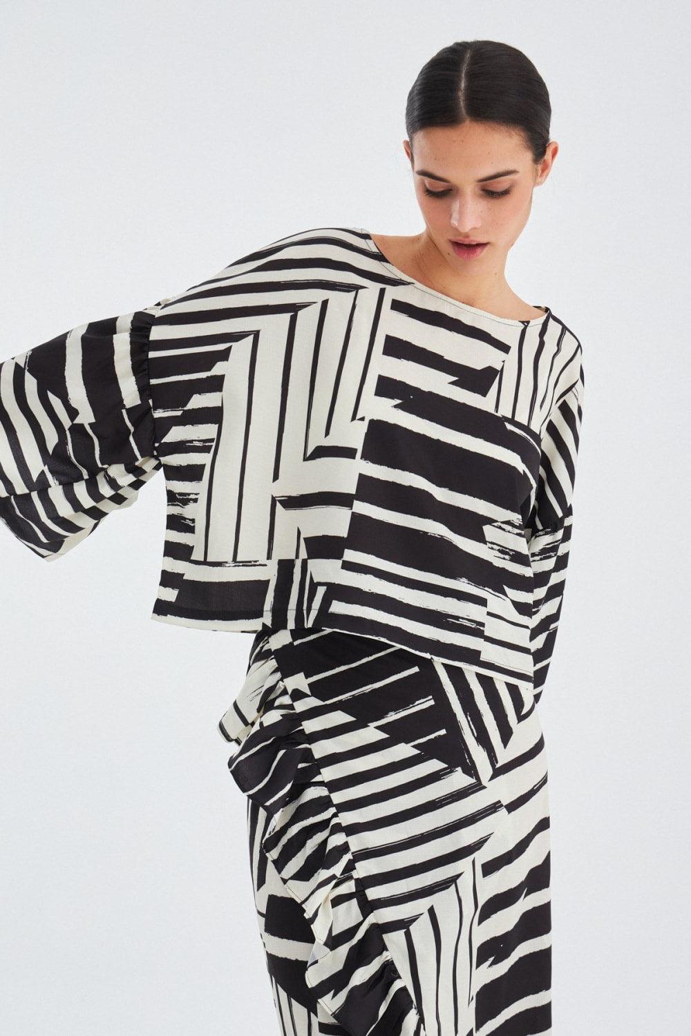 Peraluna-Hanita Geometrik Desenli Bol Kesim Mat Dokulu Yazlık Kadın Bluz-Bluz-2-Milagron.com