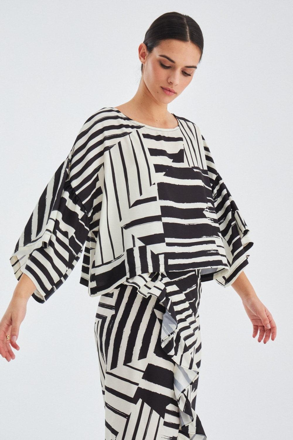 Peraluna-Hanita Geometrik Desenli Bol Kesim Mat Dokulu Yazlık Kadın Bluz-Bluz-5-Milagron.com