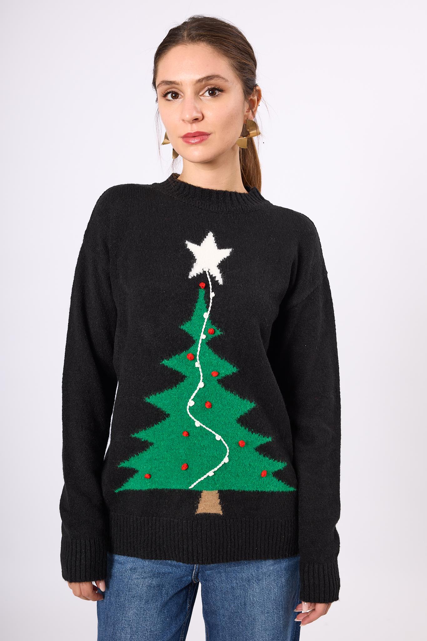 Peraluna-Happy Times Çam Ağacı Desenli Yılbaşı Kazağı Siyah/Yeşil-Kazak & Triko-2-Milagron.com