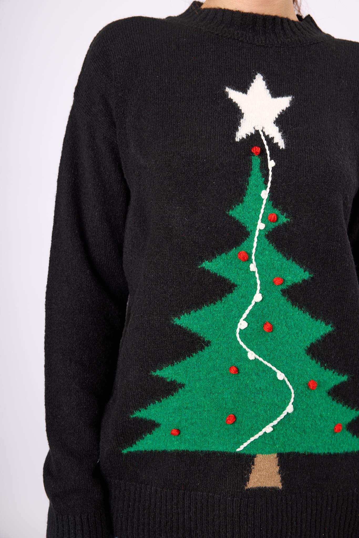 Peraluna-Happy Times Çam Ağacı Desenli Yılbaşı Kazağı Siyah/Yeşil-Kazak & Triko-3-Milagron.com