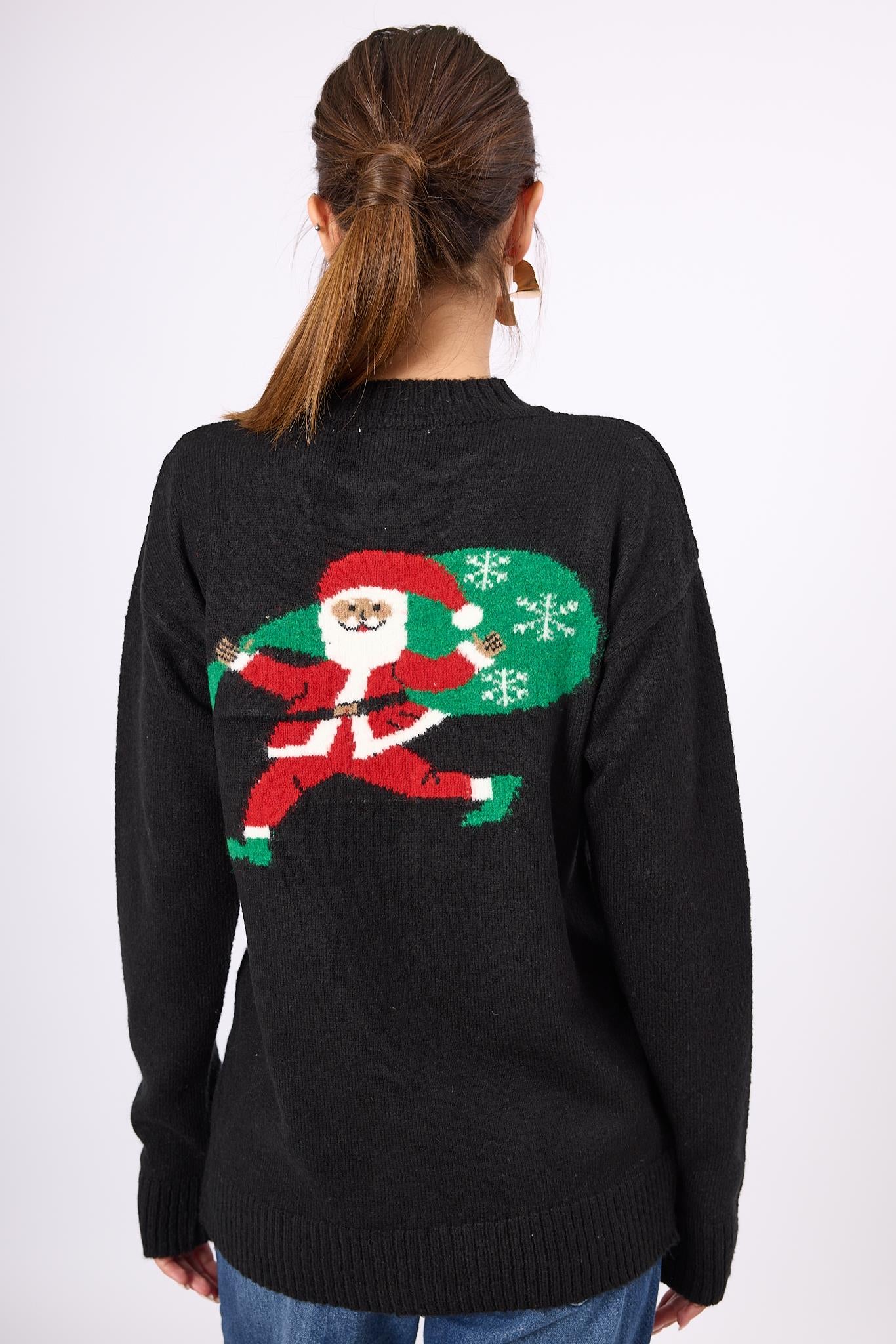 Peraluna-Happy Times Çam Ağacı Desenli Yılbaşı Kazağı Siyah/Yeşil-Kazak & Triko-4-Milagron.com