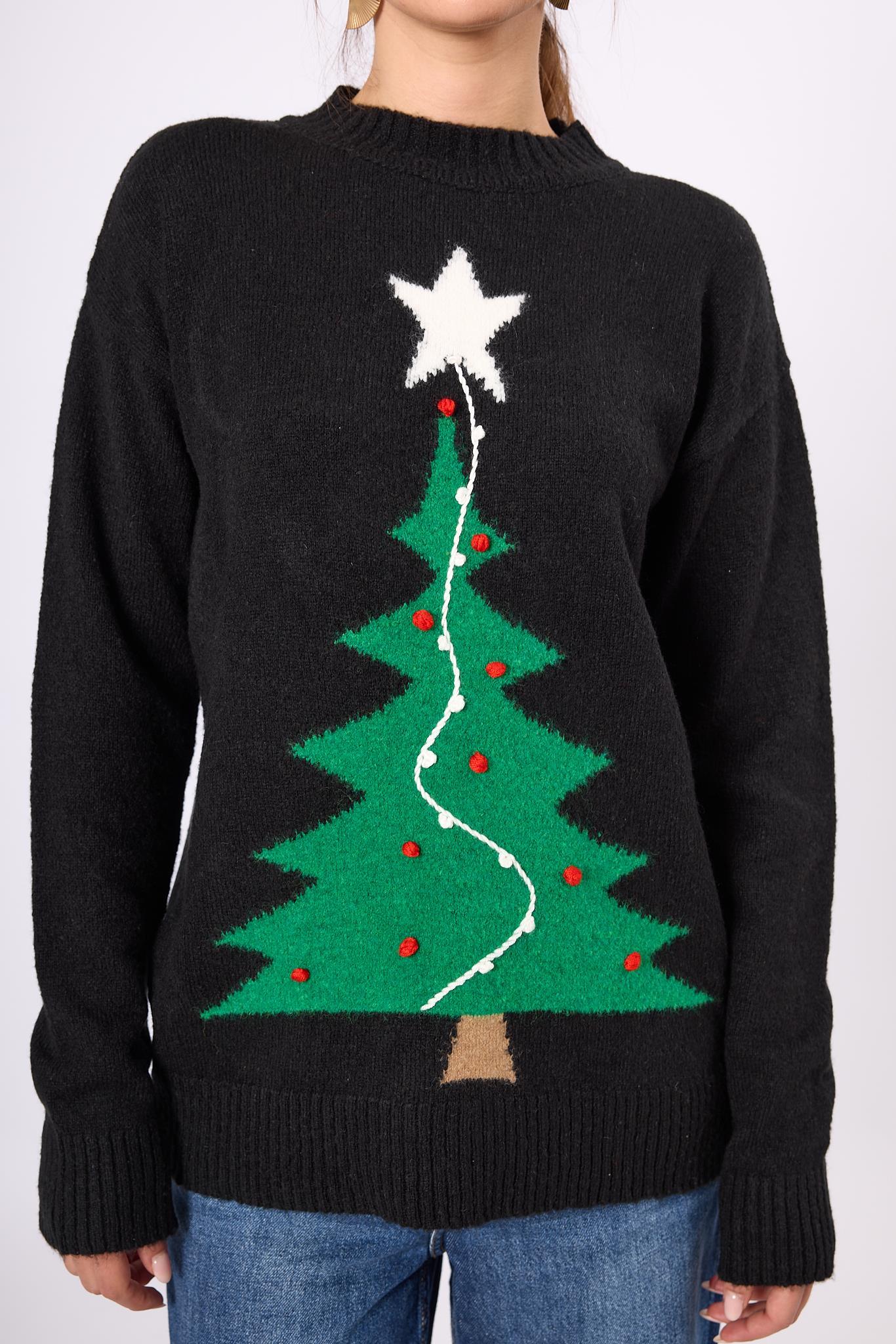 Peraluna-Happy Times Çam Ağacı Desenli Yılbaşı Kazağı Siyah/Yeşil-Kazak & Triko-5-Milagron.com