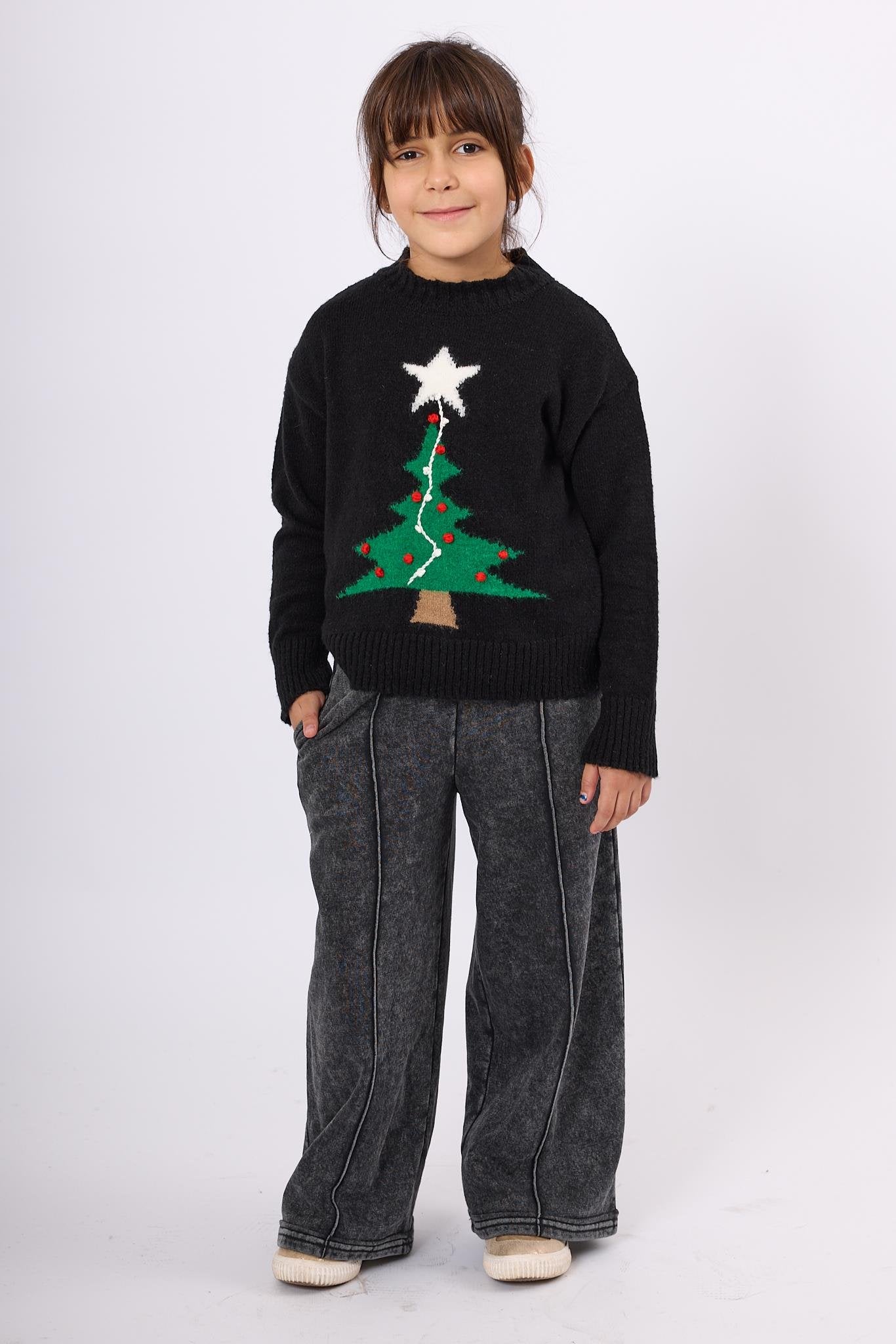 Peraluna-Happy Times Çam Ağacı Desenli çocuk Yılbaşı Kazağı Siyah/Yeşil-Kazak & Triko-1-Milagron.com