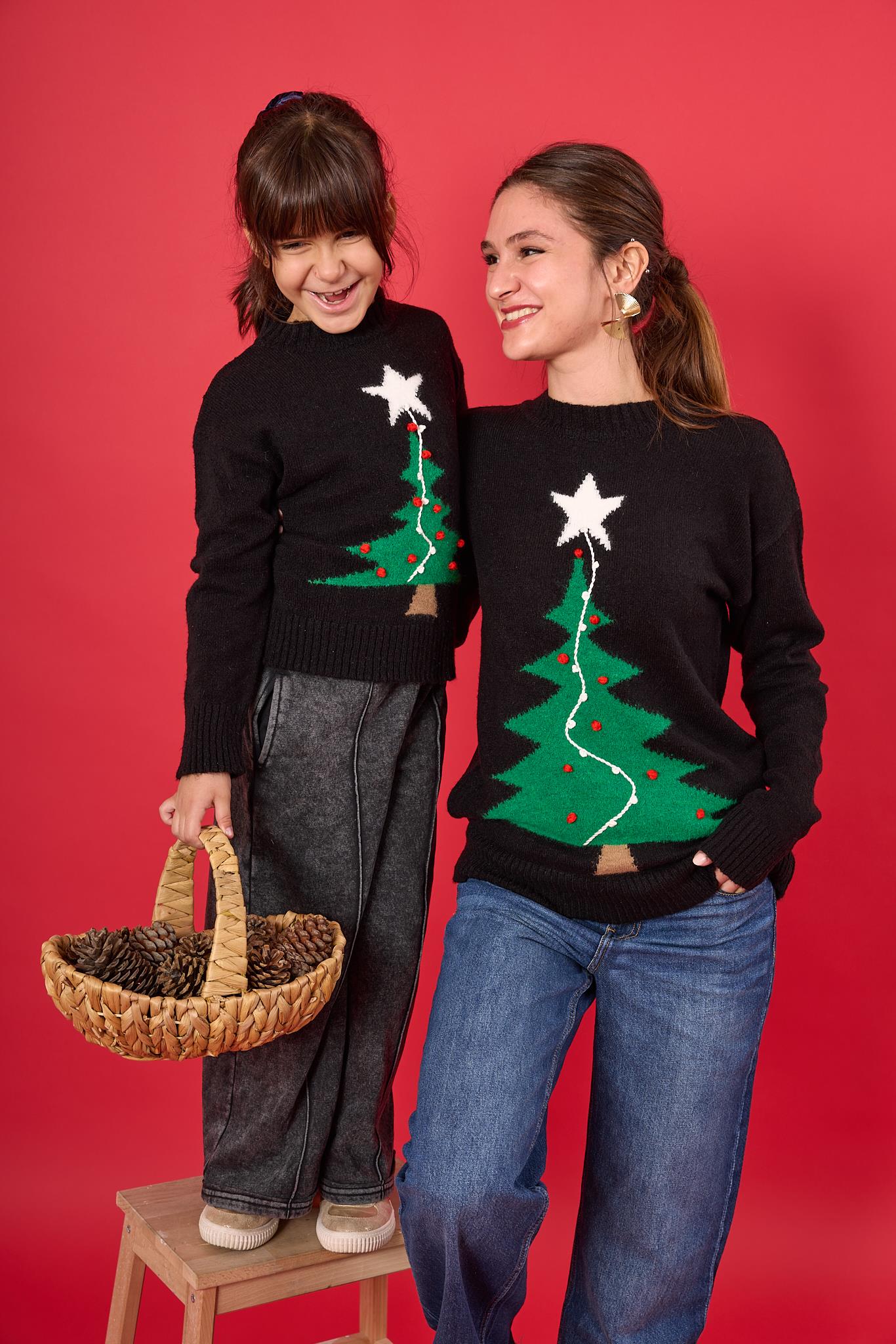 Peraluna-Happy Times Çam Ağacı Desenli çocuk Yılbaşı Kazağı Siyah/Yeşil-Kazak & Triko-10-Milagron.com