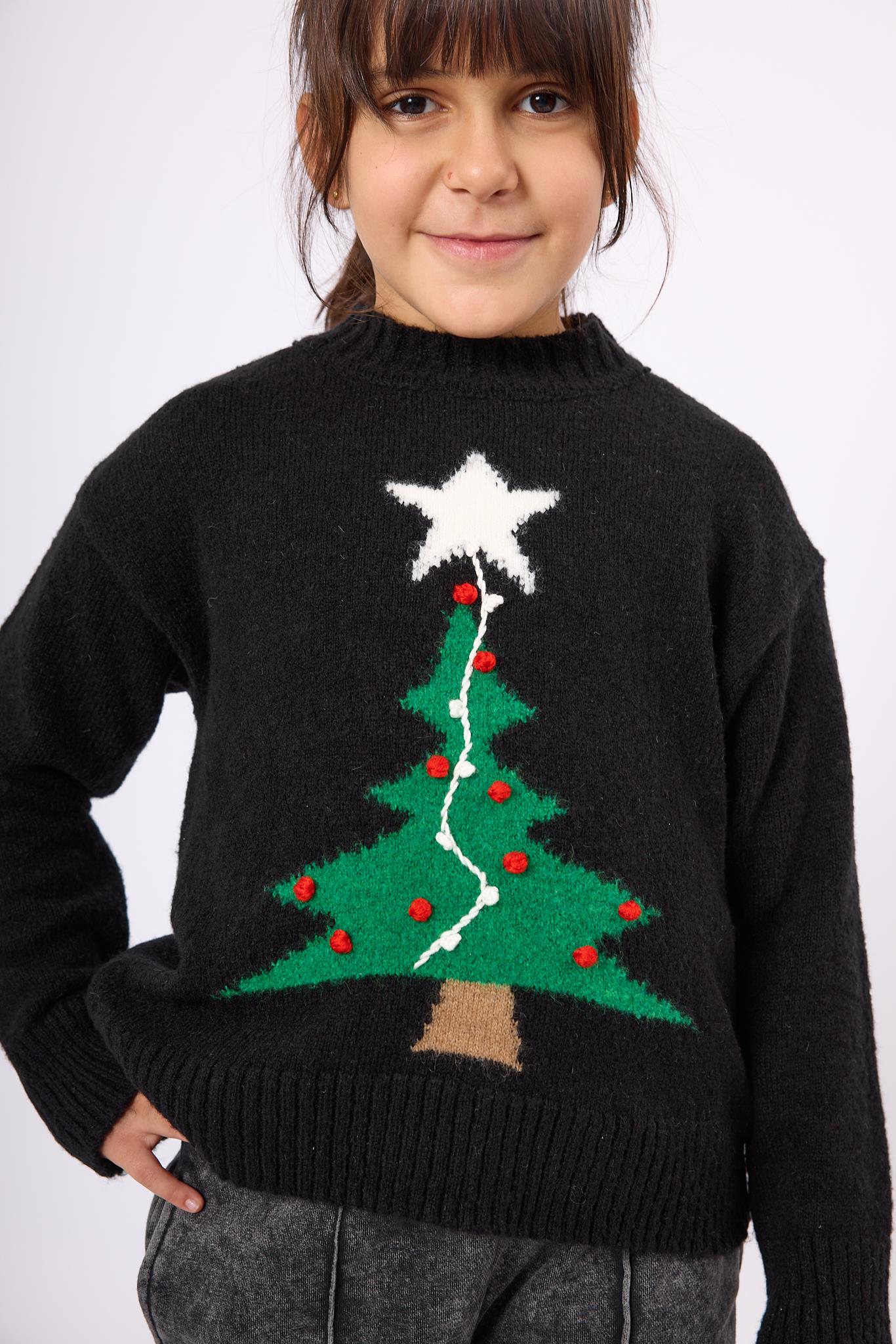 Peraluna-Happy Times Çam Ağacı Desenli çocuk Yılbaşı Kazağı Siyah/Yeşil-Kazak & Triko-2-Milagron.com