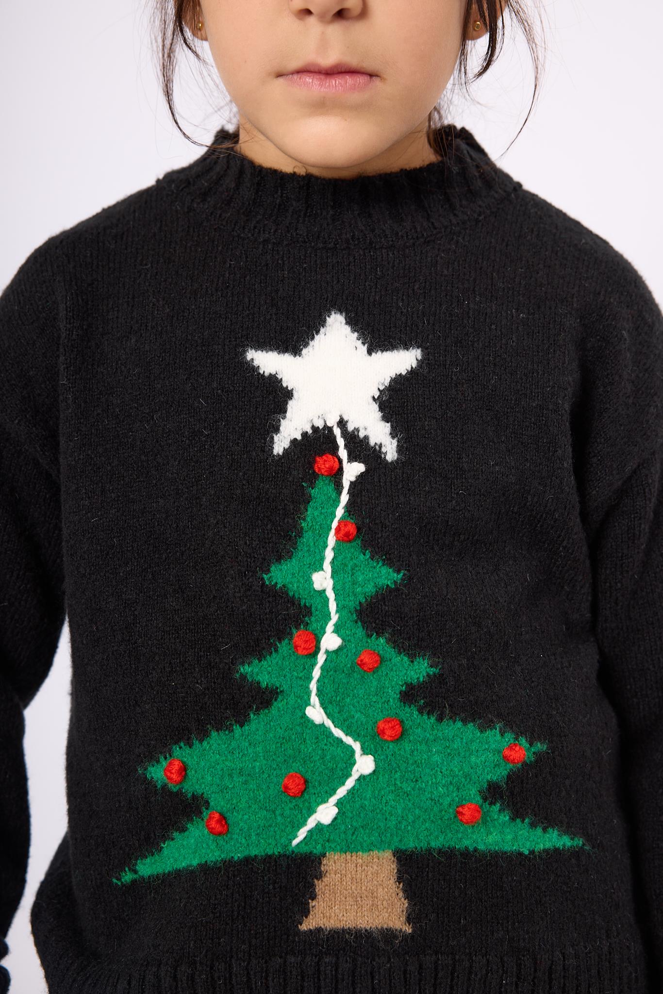 Peraluna-Happy Times Çam Ağacı Desenli çocuk Yılbaşı Kazağı Siyah/Yeşil-Kazak & Triko-3-Milagron.com