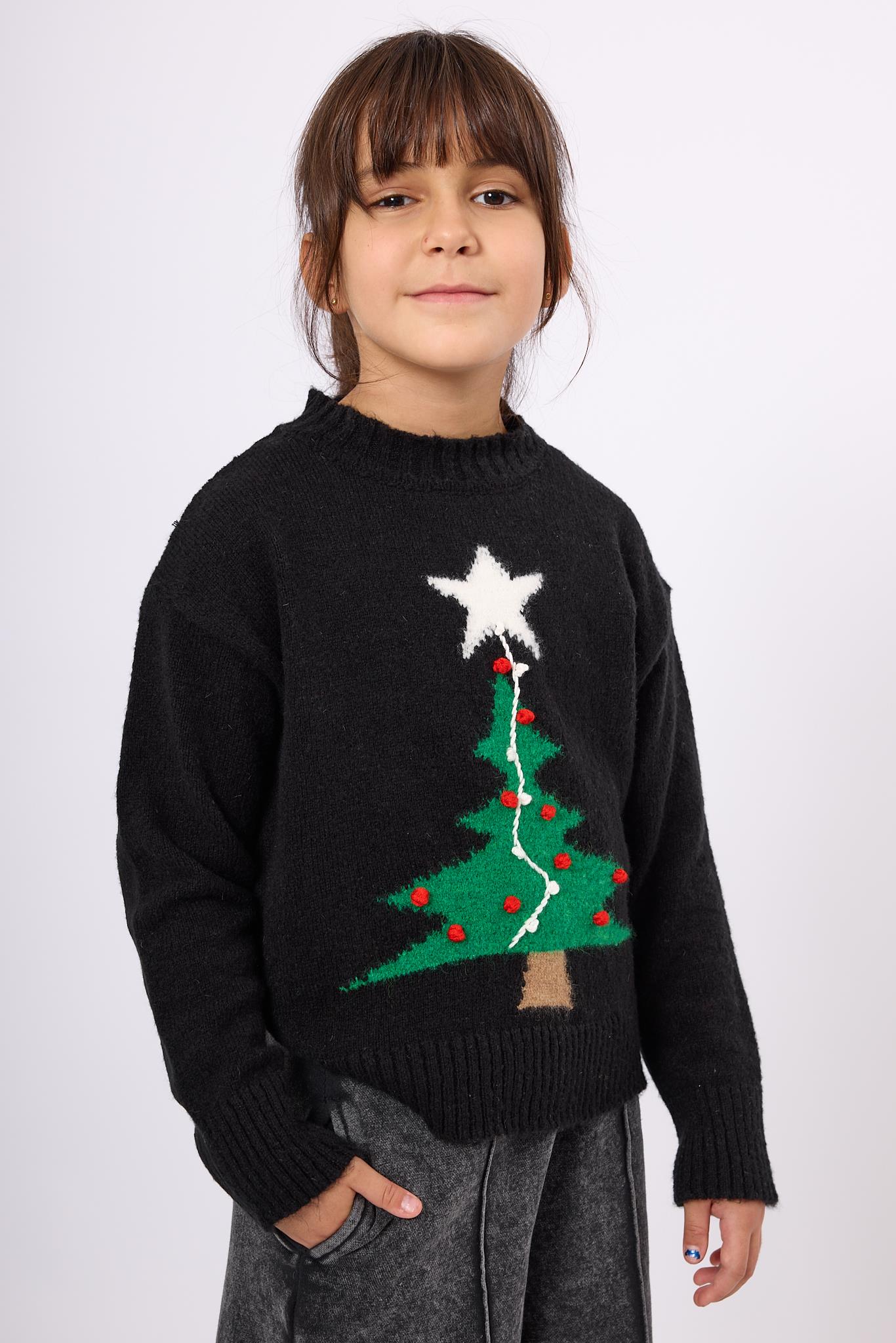 Peraluna-Happy Times Çam Ağacı Desenli çocuk Yılbaşı Kazağı Siyah/Yeşil-Kazak & Triko-4-Milagron.com