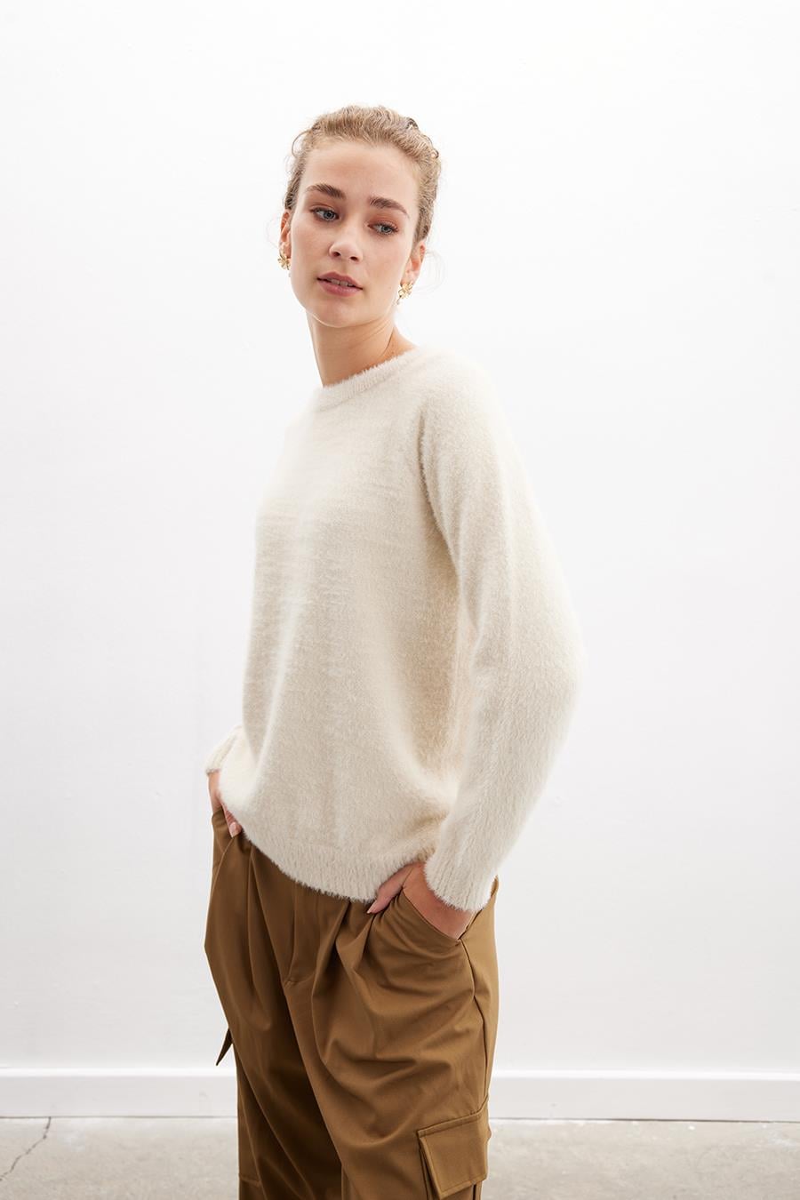 Peraluna Hazel Pullover Bisiklet Yaka Rahat Kesimı Kadın Triko Kazak - Bej