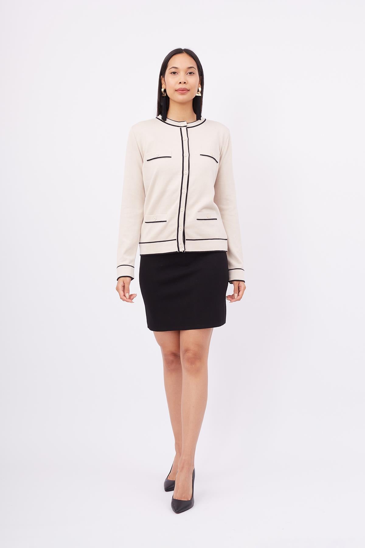 Peraluna-Helen Cardigan Çizgi Detaylı O Yaka Rahat Kesim İnce Kadın Triko Hırka Bej-Kazak & Triko-1-Milagron.com