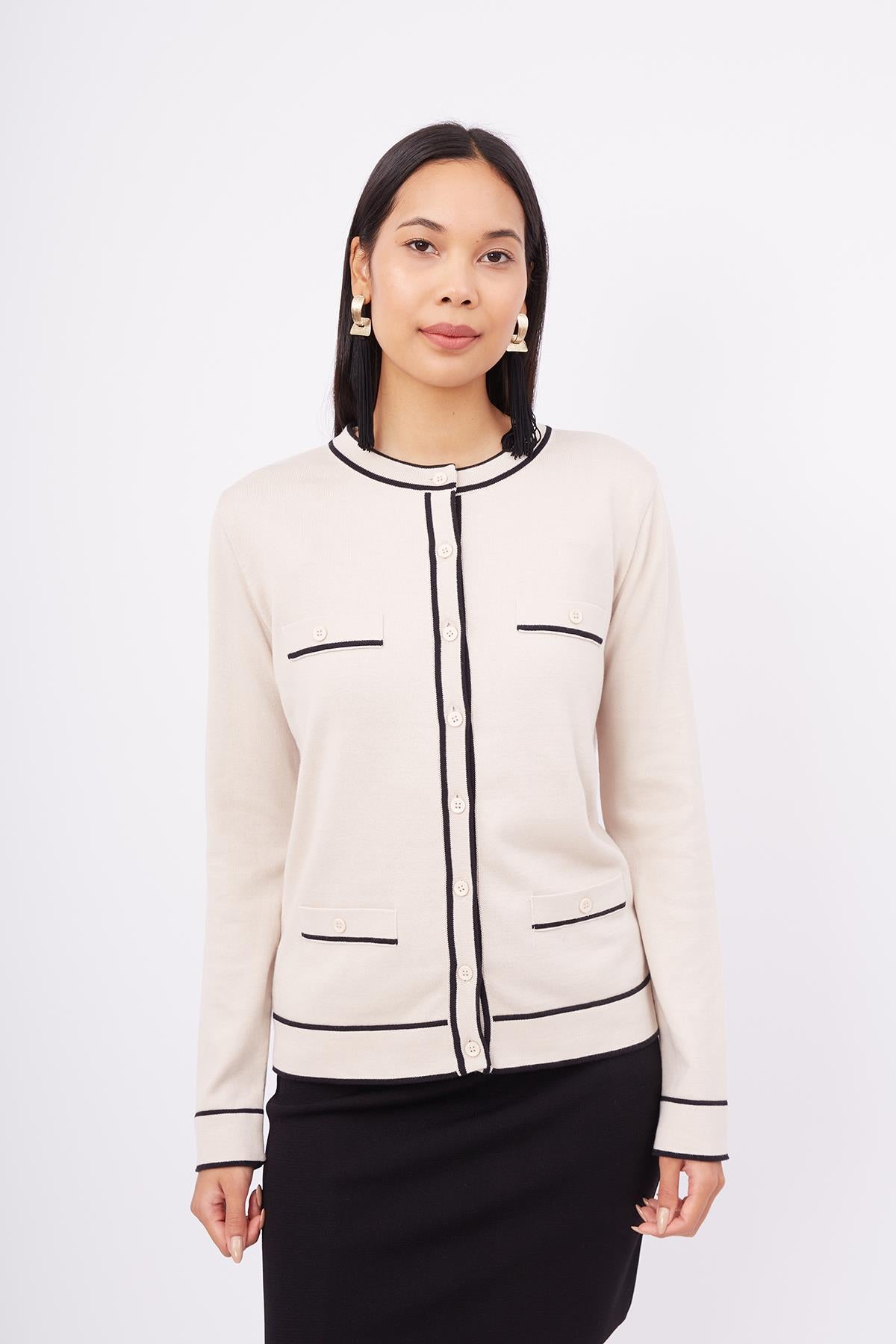 Peraluna-Helen Cardigan Çizgi Detaylı O Yaka Rahat Kesim İnce Kadın Triko Hırka Bej-Kazak & Triko-2-Milagron.com