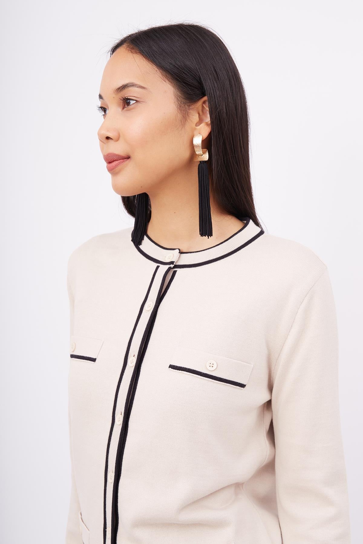 Peraluna-Helen Cardigan Çizgi Detaylı O Yaka Rahat Kesim İnce Kadın Triko Hırka Bej-Kazak & Triko-4-Milagron.com