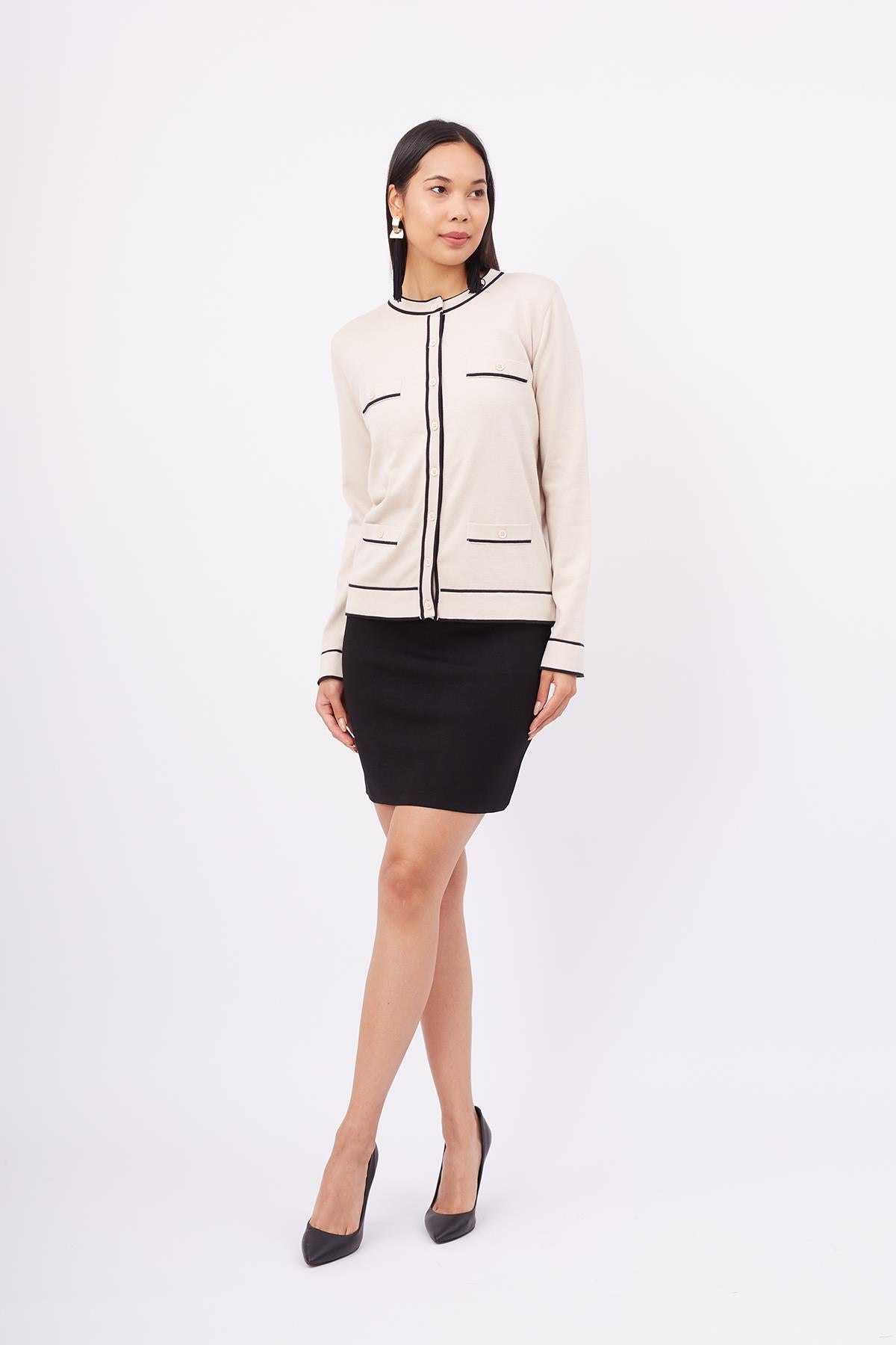 Peraluna-Helen Cardigan Çizgi Detaylı O Yaka Rahat Kesim İnce Kadın Triko Hırka Bej-Kazak & Triko-6-Milagron.com