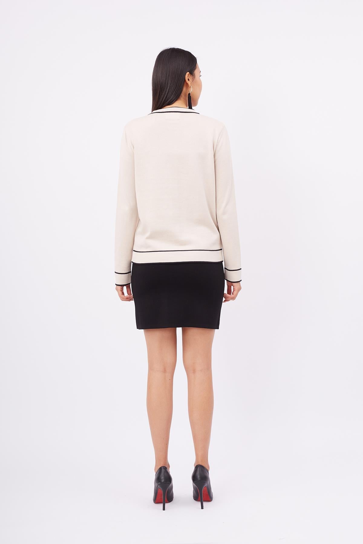 Peraluna-Helen Cardigan Çizgi Detaylı O Yaka Rahat Kesim İnce Kadın Triko Hırka Bej-Kazak & Triko-7-Milagron.com