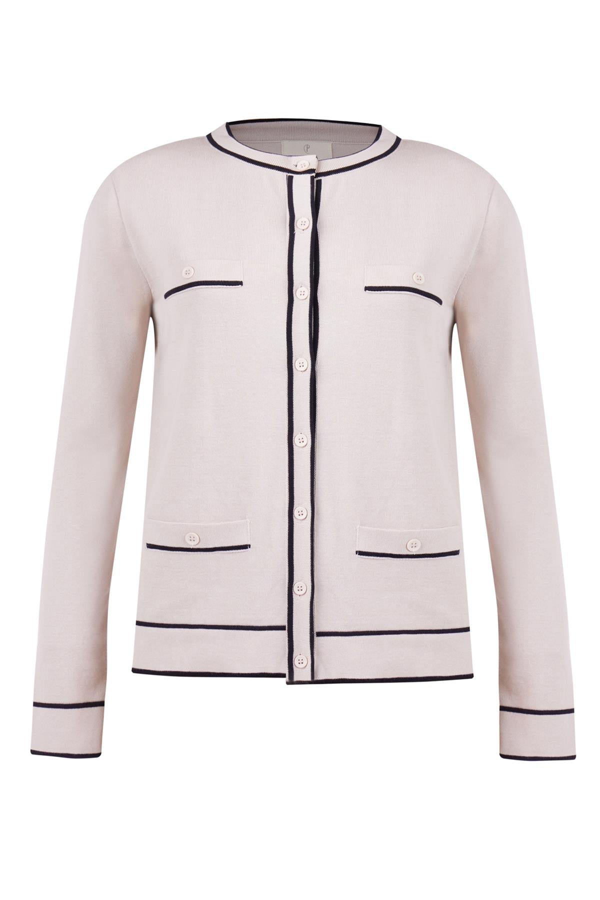 Peraluna-Helen Cardigan Çizgi Detaylı O Yaka Rahat Kesim İnce Kadın Triko Hırka Bej-Kazak & Triko-8-Milagron.com