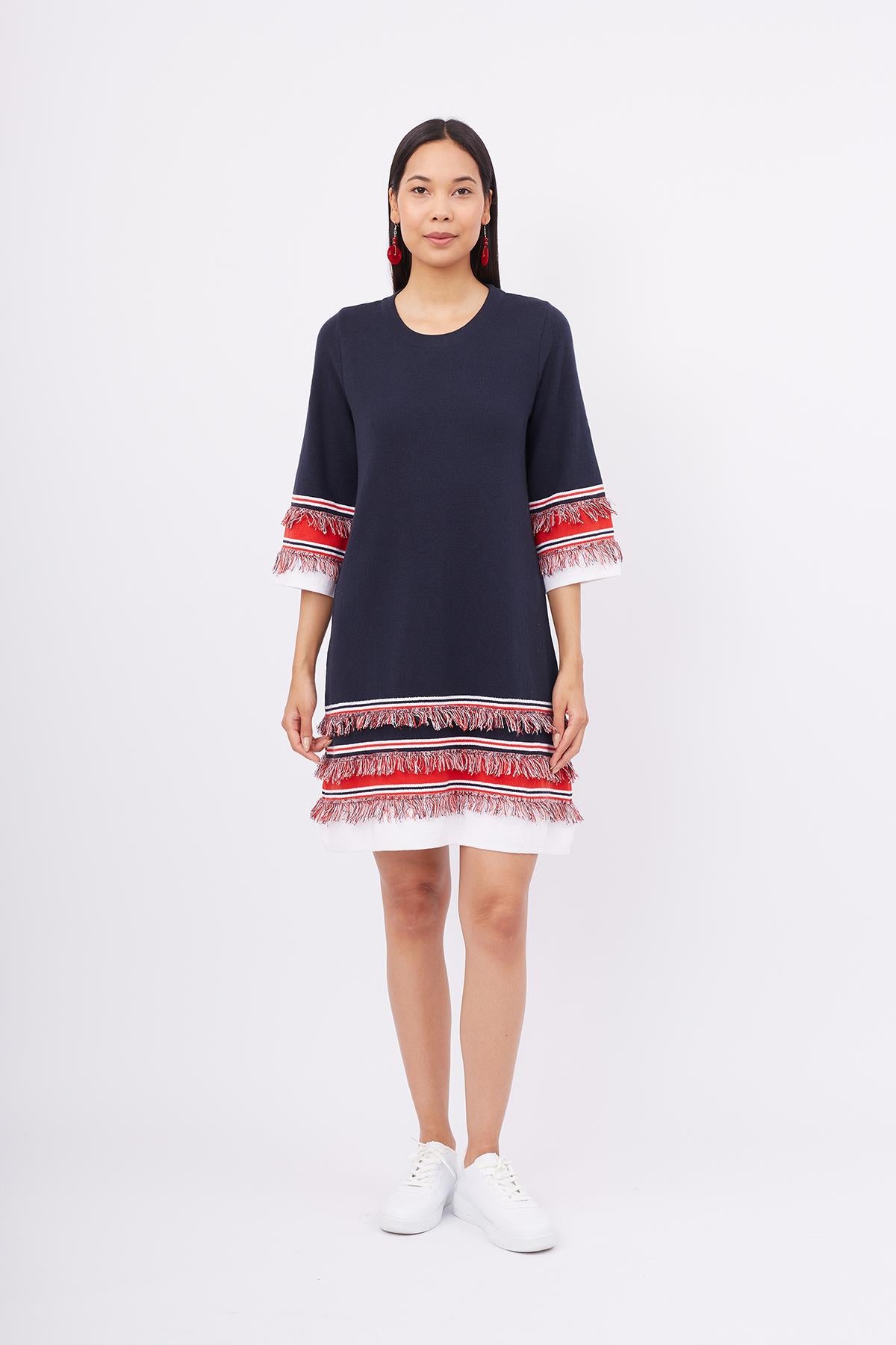 Peraluna-Hilda Dress Püskül Detaylı A Form 3/4 Kol Rahat Kadın Triko Elbise Lacivert-Elbise-1-Milagron.com