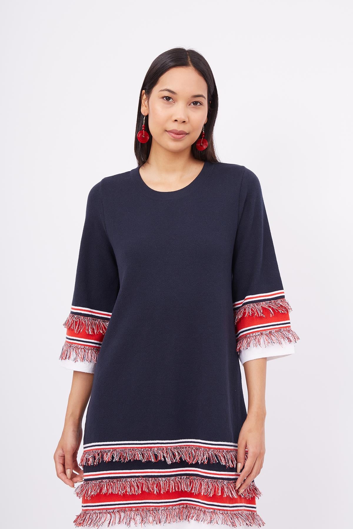 Peraluna-Hilda Dress Püskül Detaylı A Form 3/4 Kol Rahat Kadın Triko Elbise Lacivert-Elbise-2-Milagron.com