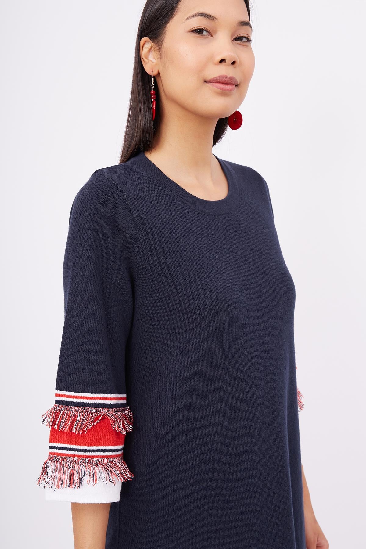 Peraluna-Hilda Dress Püskül Detaylı A Form 3/4 Kol Rahat Kadın Triko Elbise Lacivert-Elbise-3-Milagron.com