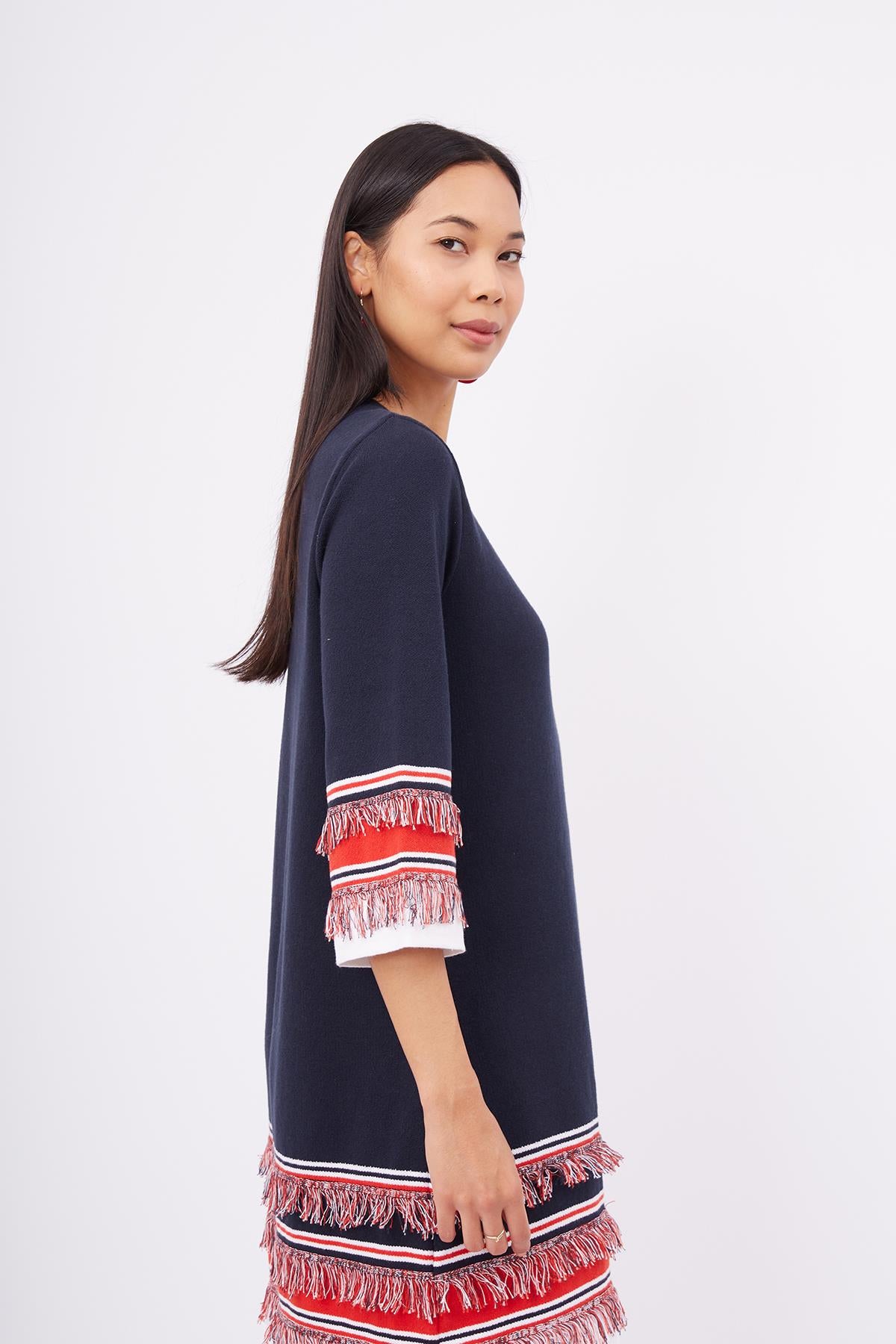 Peraluna-Hilda Dress Püskül Detaylı A Form 3/4 Kol Rahat Kadın Triko Elbise Lacivert-Elbise-5-Milagron.com