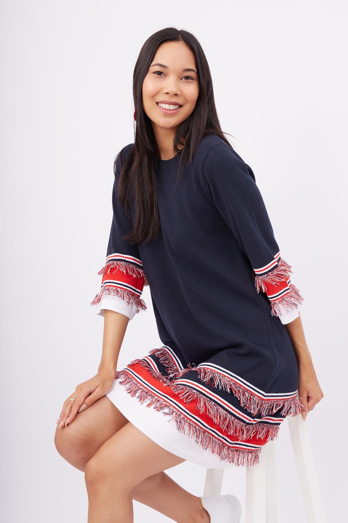 Peraluna-Hilda Dress Püskül Detaylı A Form 3/4 Kol Rahat Kadın Triko Elbise Lacivert-Elbise-6-Milagron.com