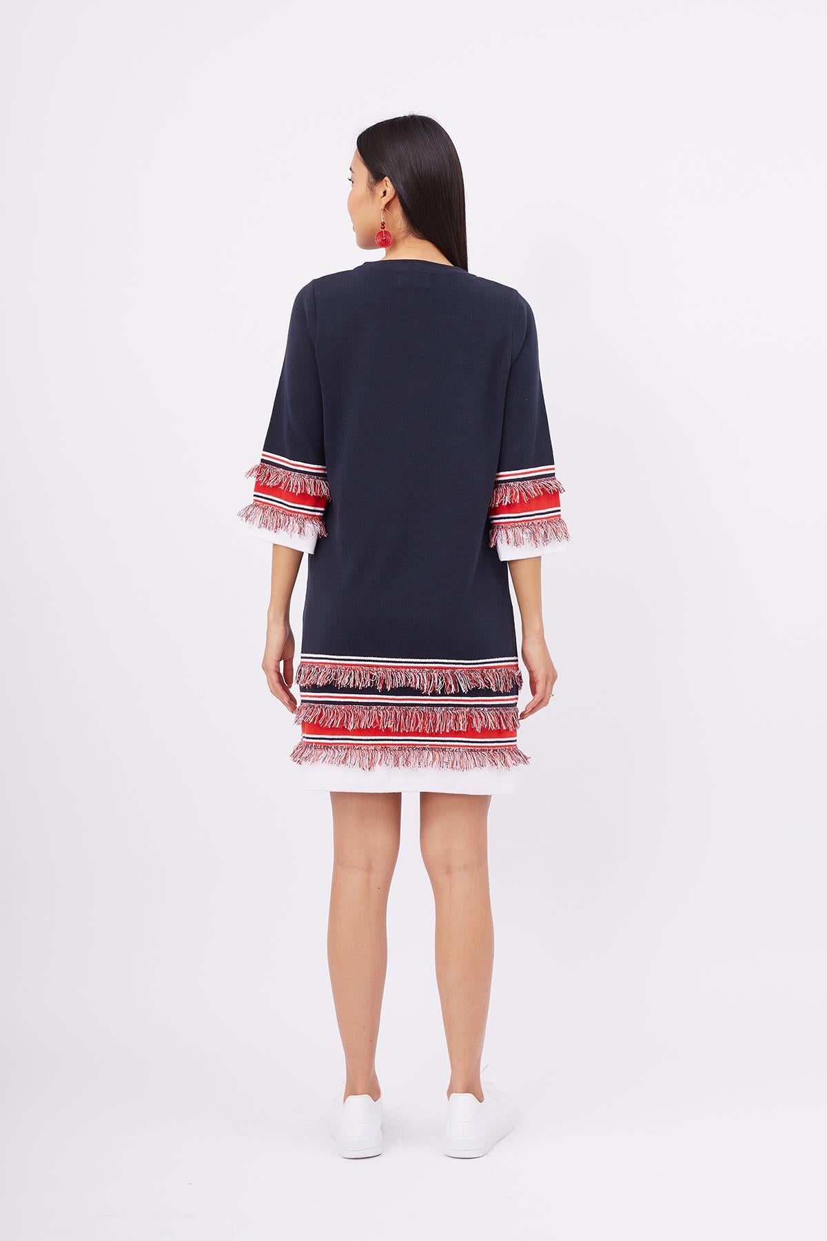 Peraluna-Hilda Dress Püskül Detaylı A Form 3/4 Kol Rahat Kadın Triko Elbise Lacivert-Elbise-8-Milagron.com