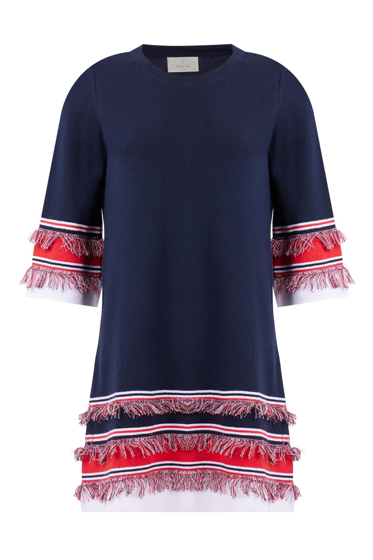 Peraluna-Hilda Dress Püskül Detaylı A Form 3/4 Kol Rahat Kadın Triko Elbise Lacivert-Elbise-9-Milagron.com