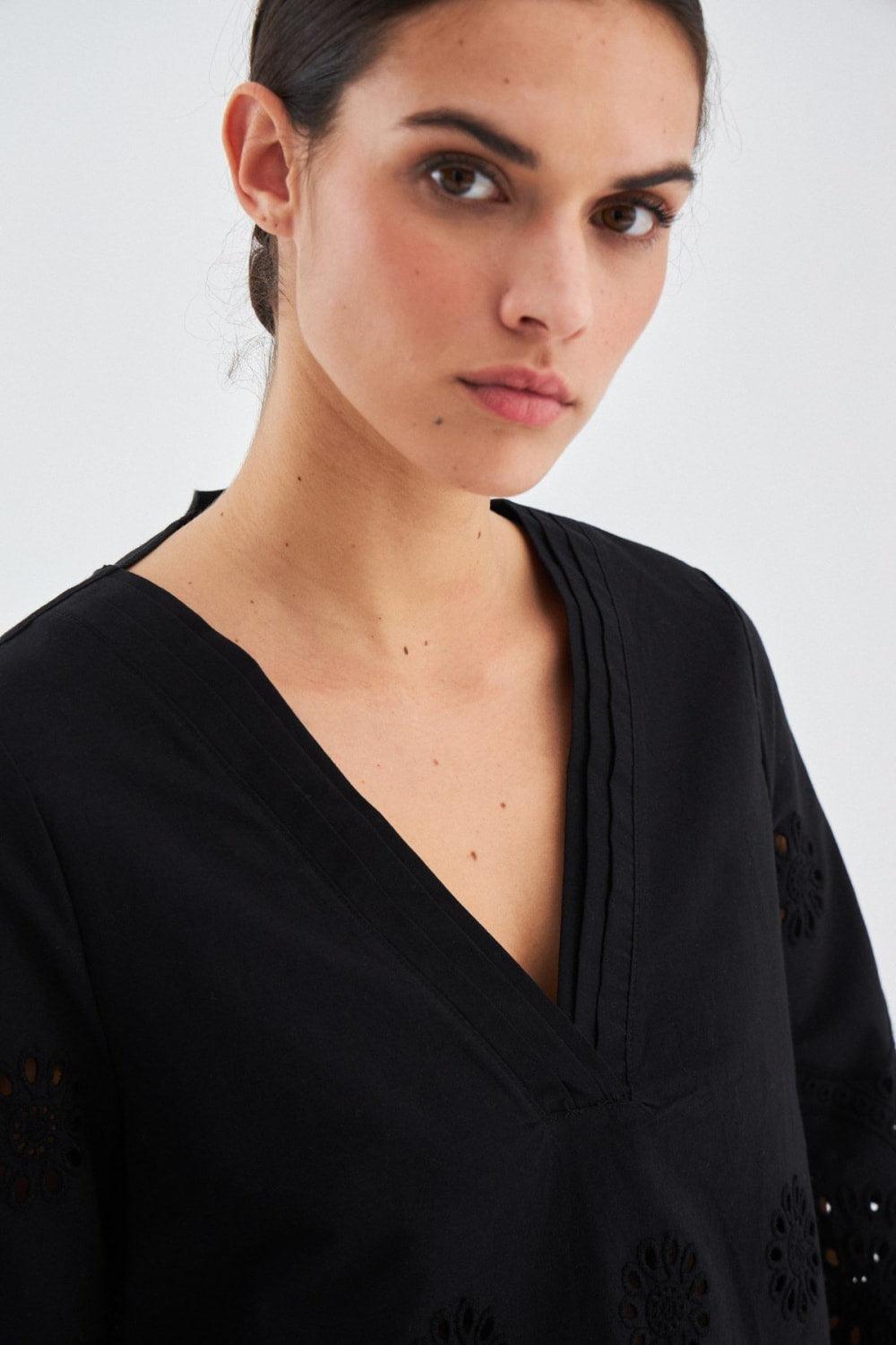 Peraluna-Hi̇romi̇ Blouse %100 Pamuk V Yaka 3/4 Çan Kol Yazlık Kadın Bluz -Bluz-11-Milagron.com