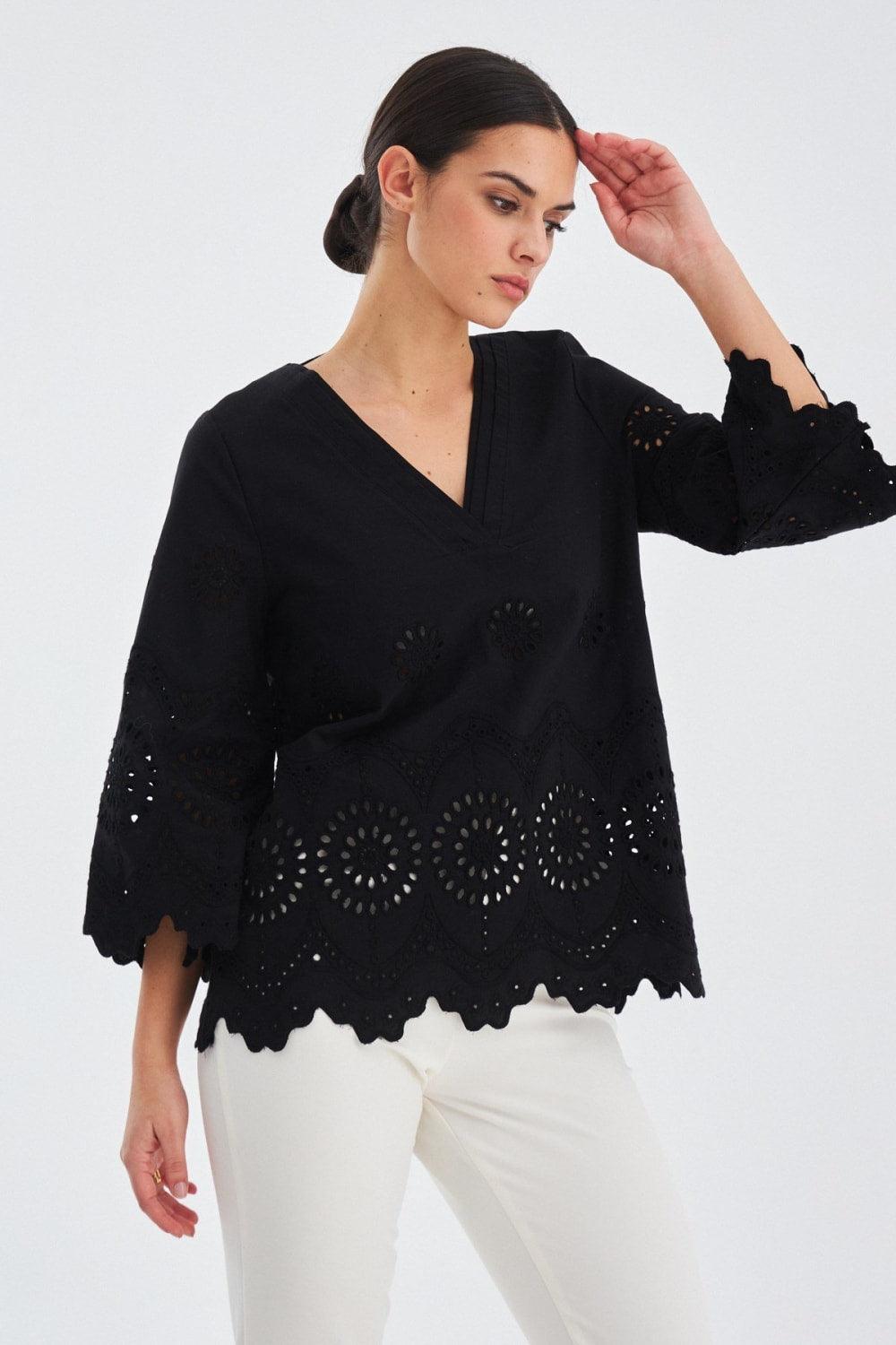 Peraluna-Hi̇romi̇ Blouse %100 Pamuk V Yaka 3/4 Çan Kol Yazlık Kadın Bluz -Bluz-12-Milagron.com