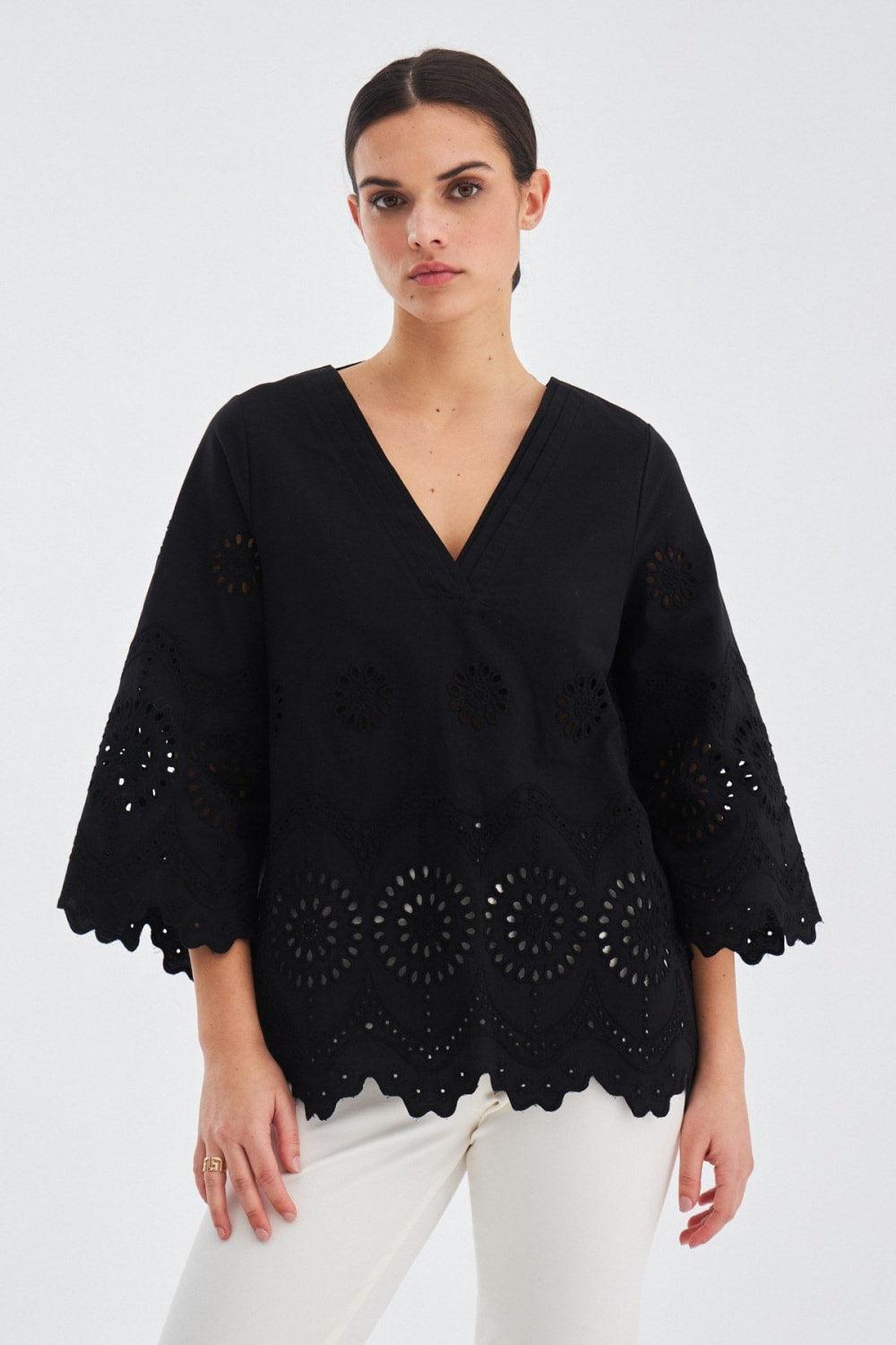 Peraluna-Hi̇romi̇ Blouse %100 Pamuk V Yaka 3/4 Çan Kol Yazlık Kadın Bluz -Bluz-13-Milagron.com