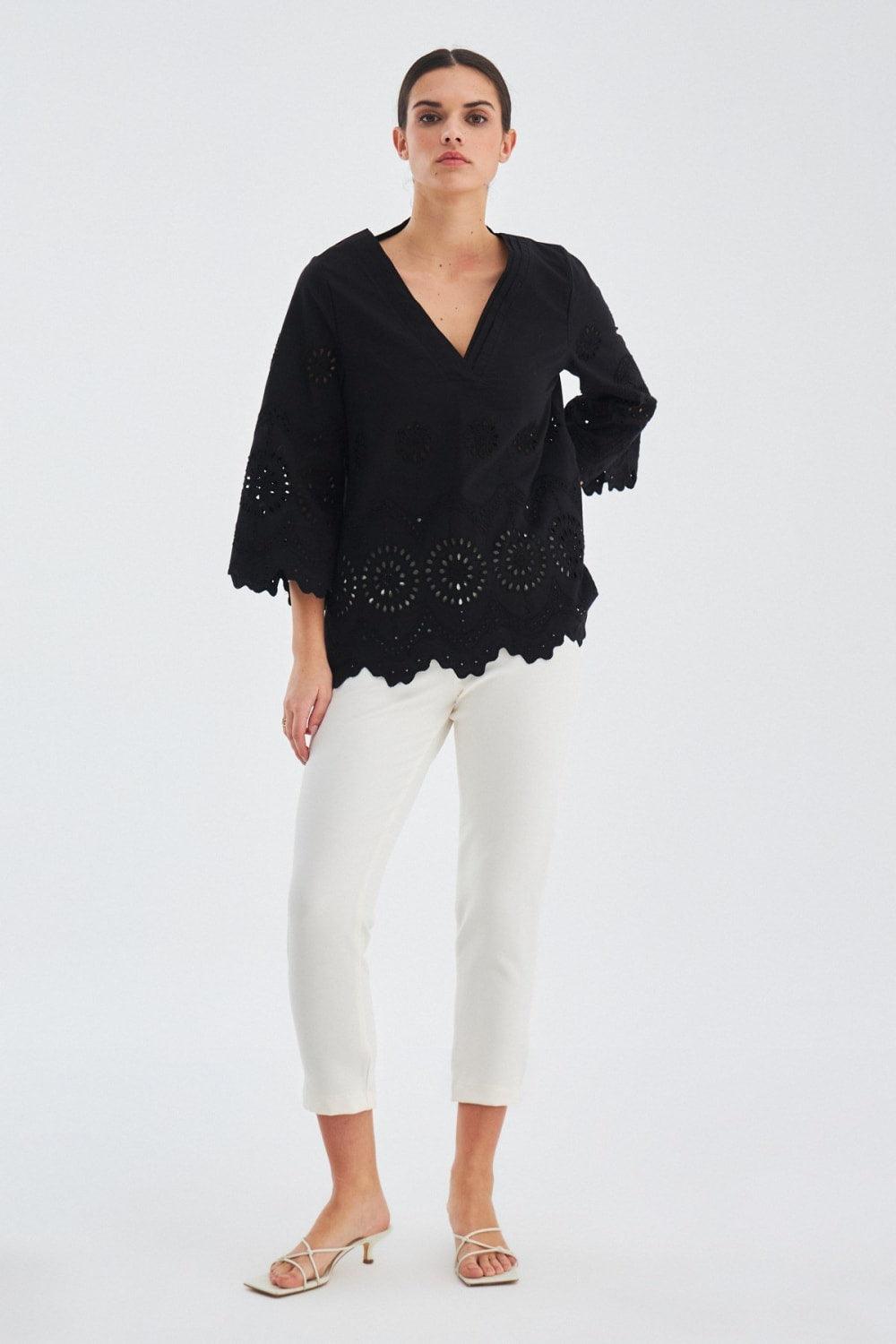 Peraluna-Hi̇romi̇ Blouse %100 Pamuk V Yaka 3/4 Çan Kol Yazlık Kadın Bluz -Bluz-14-Milagron.com