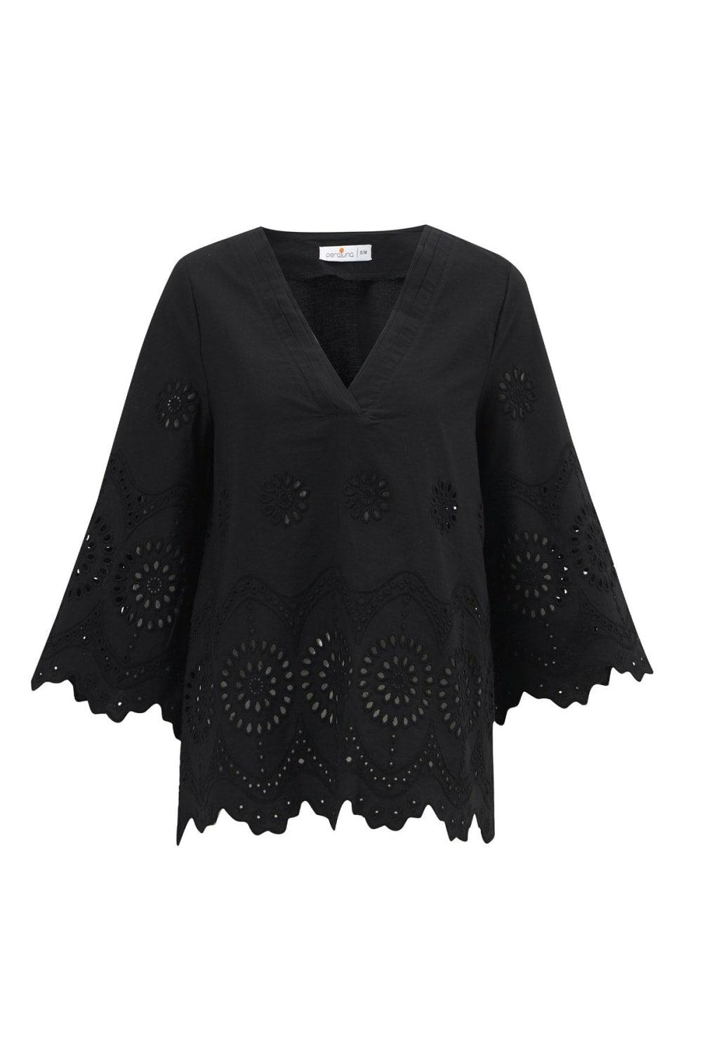 Peraluna-Hi̇romi̇ Blouse %100 Pamuk V Yaka 3/4 Çan Kol Yazlık Kadın Bluz -Bluz-16-Milagron.com