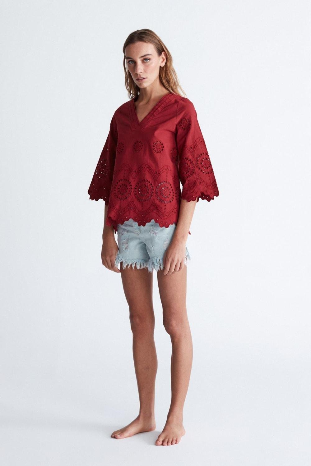 Peraluna-Hi̇romi̇ Blouse %100 Pamuk V Yaka 3/4 Çan Kol Yazlık Kadın Bluz -Bluz-19-Milagron.com