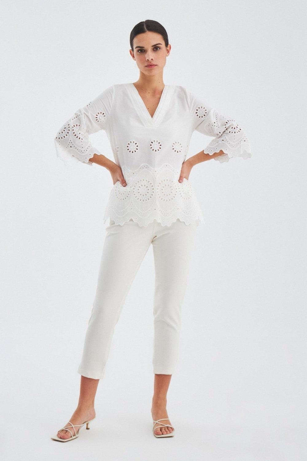 Peraluna-Hi̇romi̇ Blouse %100 Pamuk V Yaka 3/4 Çan Kol Yazlık Kadın Bluz -Bluz-2-Milagron.com