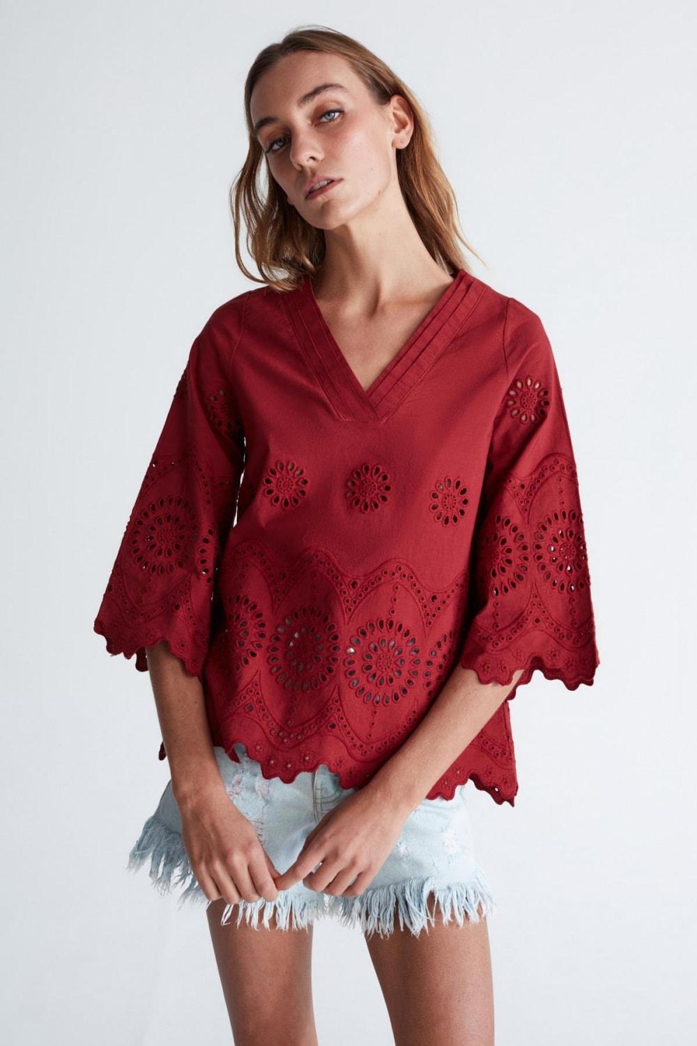 Peraluna-Hi̇romi̇ Blouse %100 Pamuk V Yaka 3/4 Çan Kol Yazlık Kadın Bluz -Bluz-22-Milagron.com