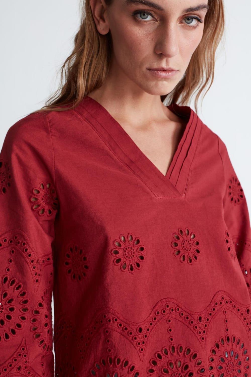 Peraluna-Hi̇romi̇ Blouse %100 Pamuk V Yaka 3/4 Çan Kol Yazlık Kadın Bluz -Bluz-23-Milagron.com