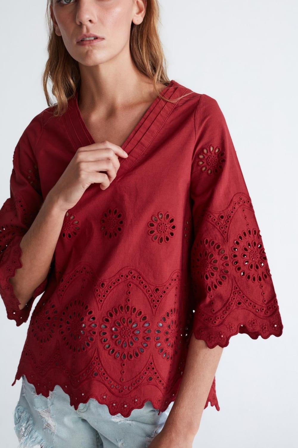 Peraluna-Hi̇romi̇ Blouse %100 Pamuk V Yaka 3/4 Çan Kol Yazlık Kadın Bluz -Bluz-24-Milagron.com