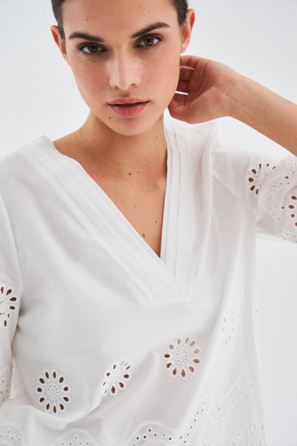 Peraluna-Hi̇romi̇ Blouse %100 Pamuk V Yaka 3/4 Çan Kol Yazlık Kadın Bluz -Bluz-5-Milagron.com