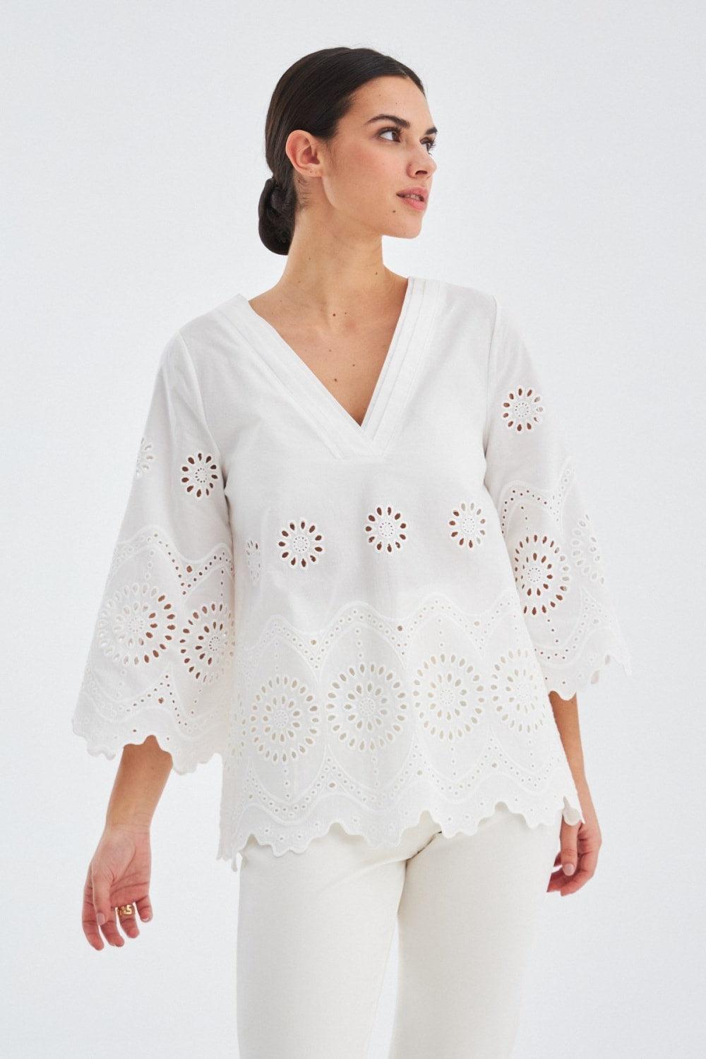 Peraluna-Hi̇romi̇ Blouse %100 Pamuk V Yaka 3/4 Çan Kol Yazlık Kadın Bluz -Bluz-6-Milagron.com