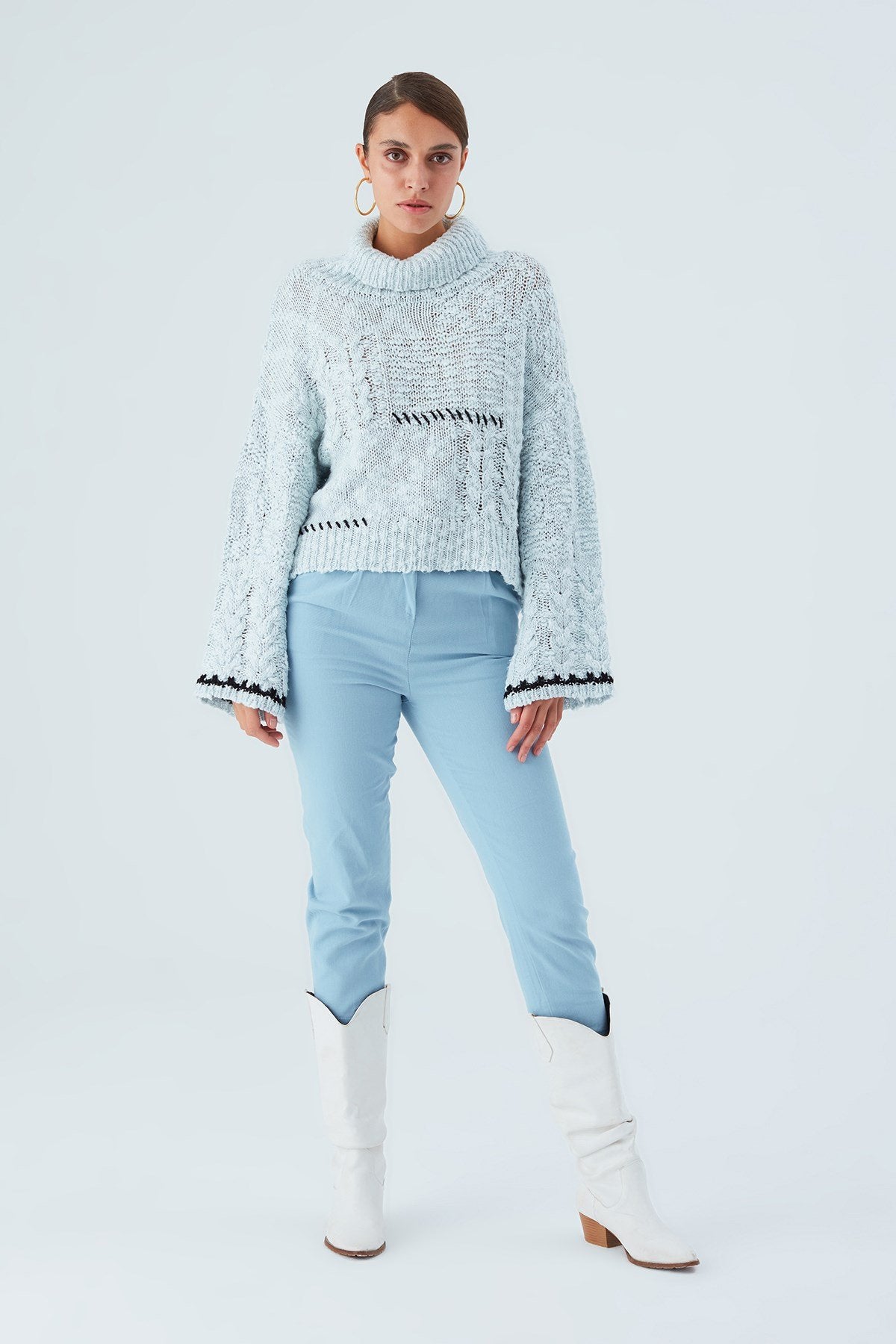 Peraluna-Ilda Pullover %100 Pamuk Saç örgülü Bol Kesim Kadın Triko Kazak Buz Mavisi-Kazak-1-Milagron.com