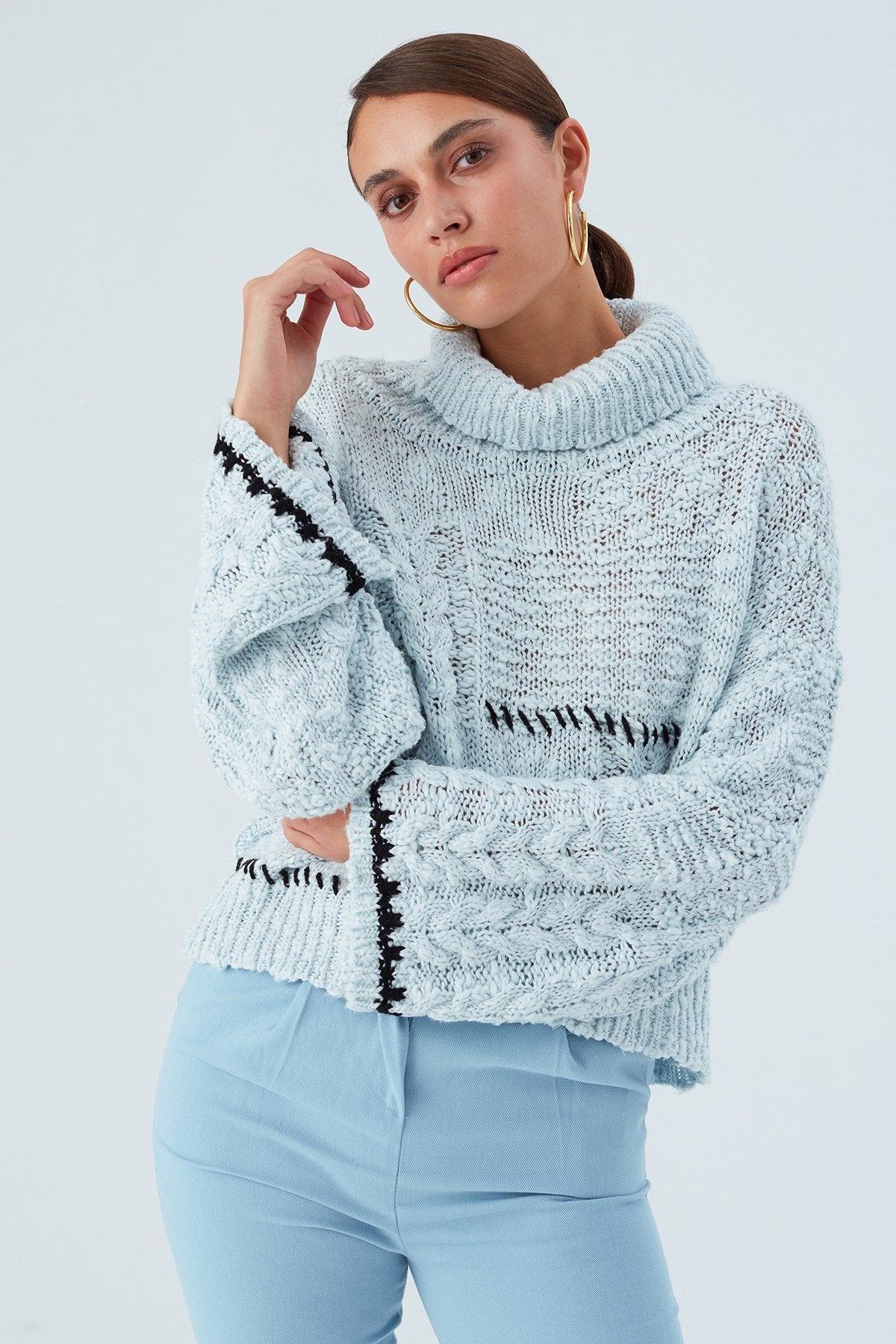 Peraluna-Ilda Pullover %100 Pamuk Saç örgülü Bol Kesim Kadın Triko Kazak Buz Mavisi-Kazak-2-Milagron.com