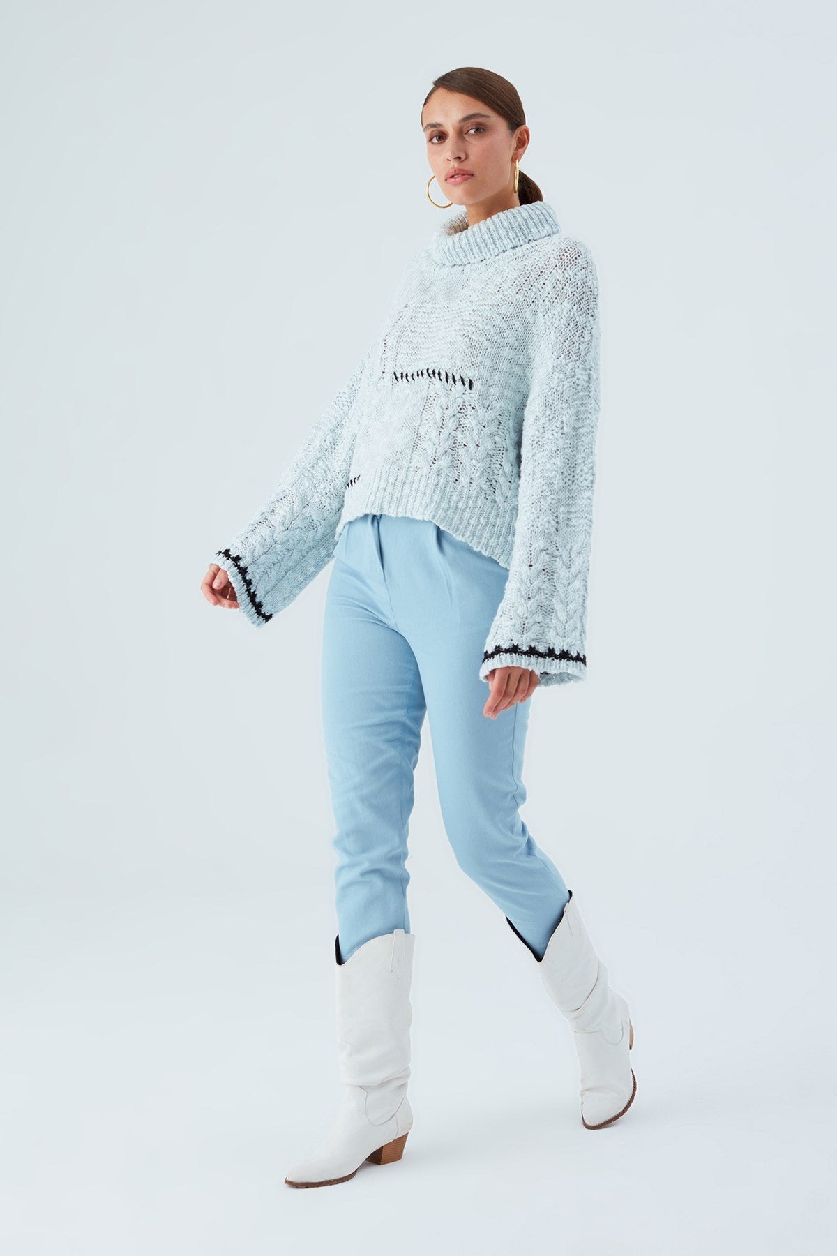 Peraluna-Ilda Pullover %100 Pamuk Saç örgülü Bol Kesim Kadın Triko Kazak Buz Mavisi-Kazak-7-Milagron.com