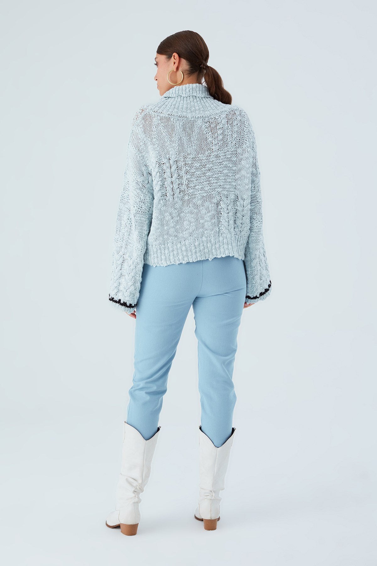 Peraluna-Ilda Pullover %100 Pamuk Saç örgülü Bol Kesim Kadın Triko Kazak Buz Mavisi-Kazak-8-Milagron.com