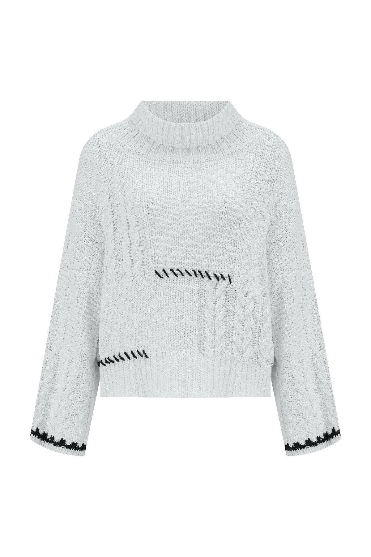 Peraluna-Ilda Pullover %100 Pamuk Saç örgülü Bol Kesim Kadın Triko Kazak Buz Mavisi-Kazak-9-Milagron.com