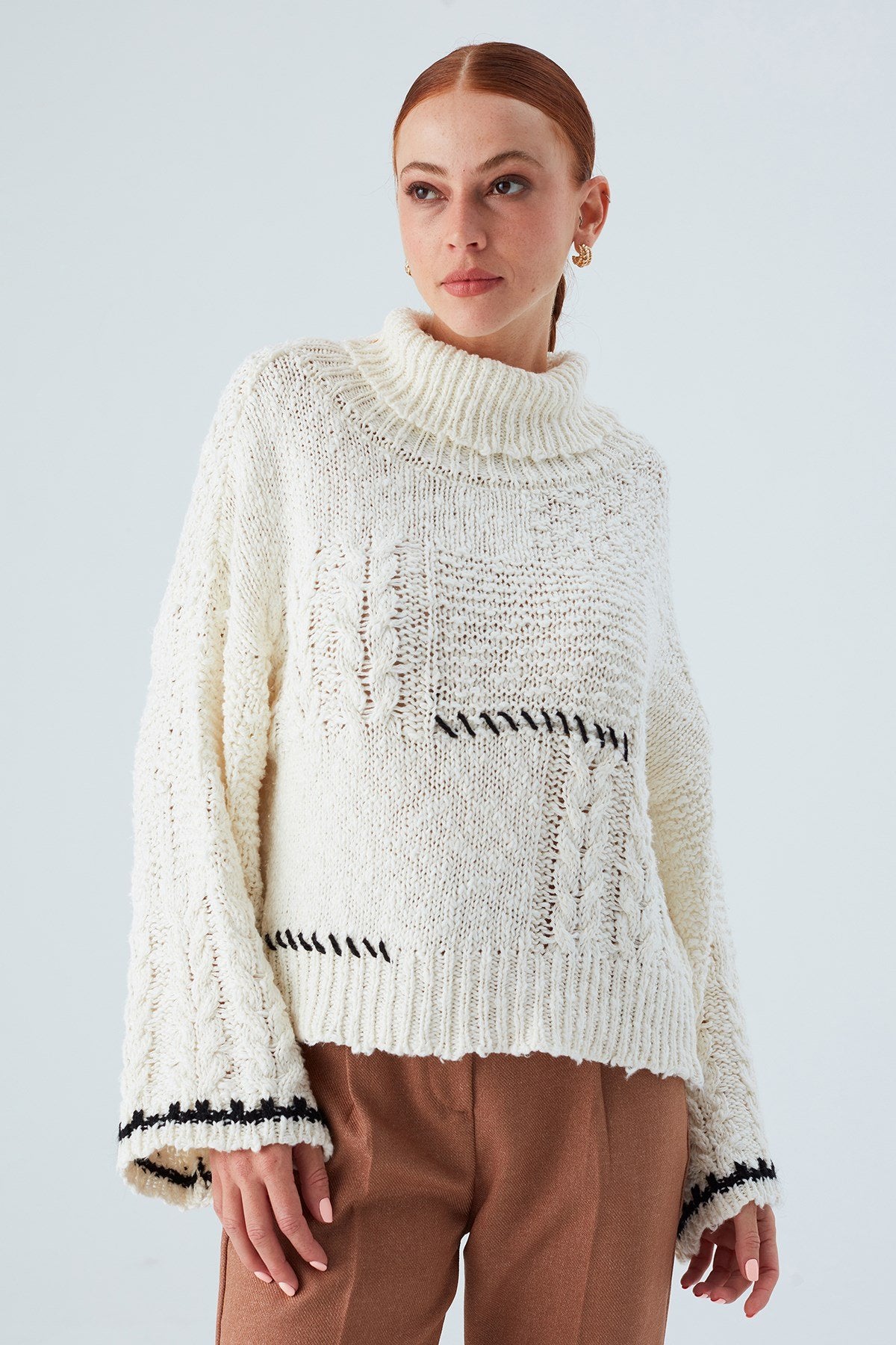 Peraluna-Ilda Pullover %100 Pamuk Saç örgülü Bol Kesim Kadın Triko Kazak Ekru-Kazak-2-Milagron.com