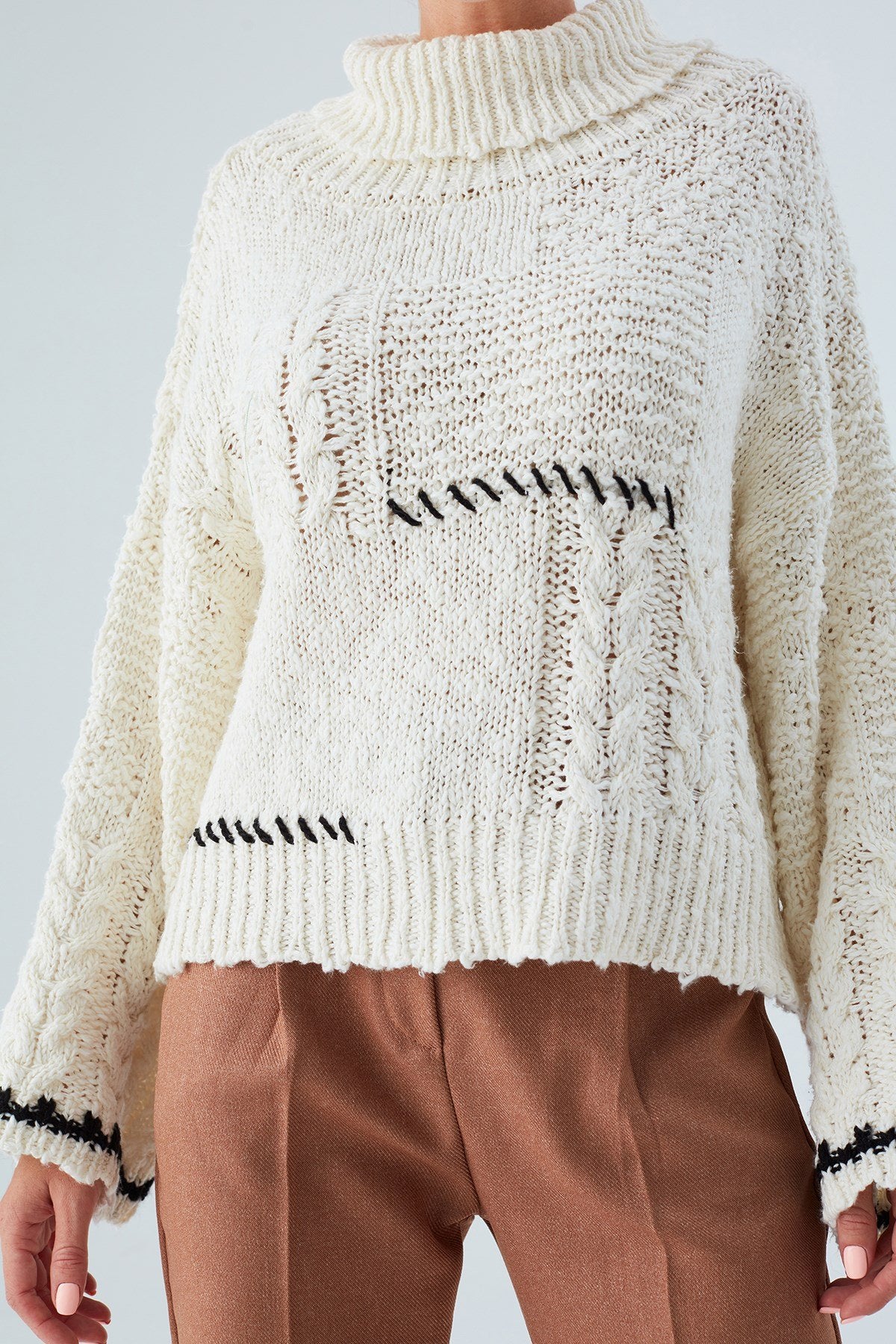 Peraluna-Ilda Pullover %100 Pamuk Saç örgülü Bol Kesim Kadın Triko Kazak Ekru-Kazak-3-Milagron.com