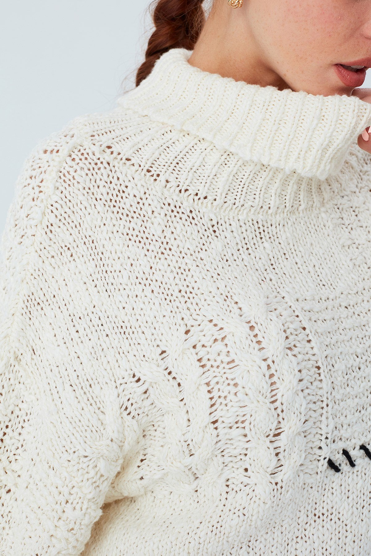 Peraluna-Ilda Pullover %100 Pamuk Saç örgülü Bol Kesim Kadın Triko Kazak Ekru-Kazak-4-Milagron.com