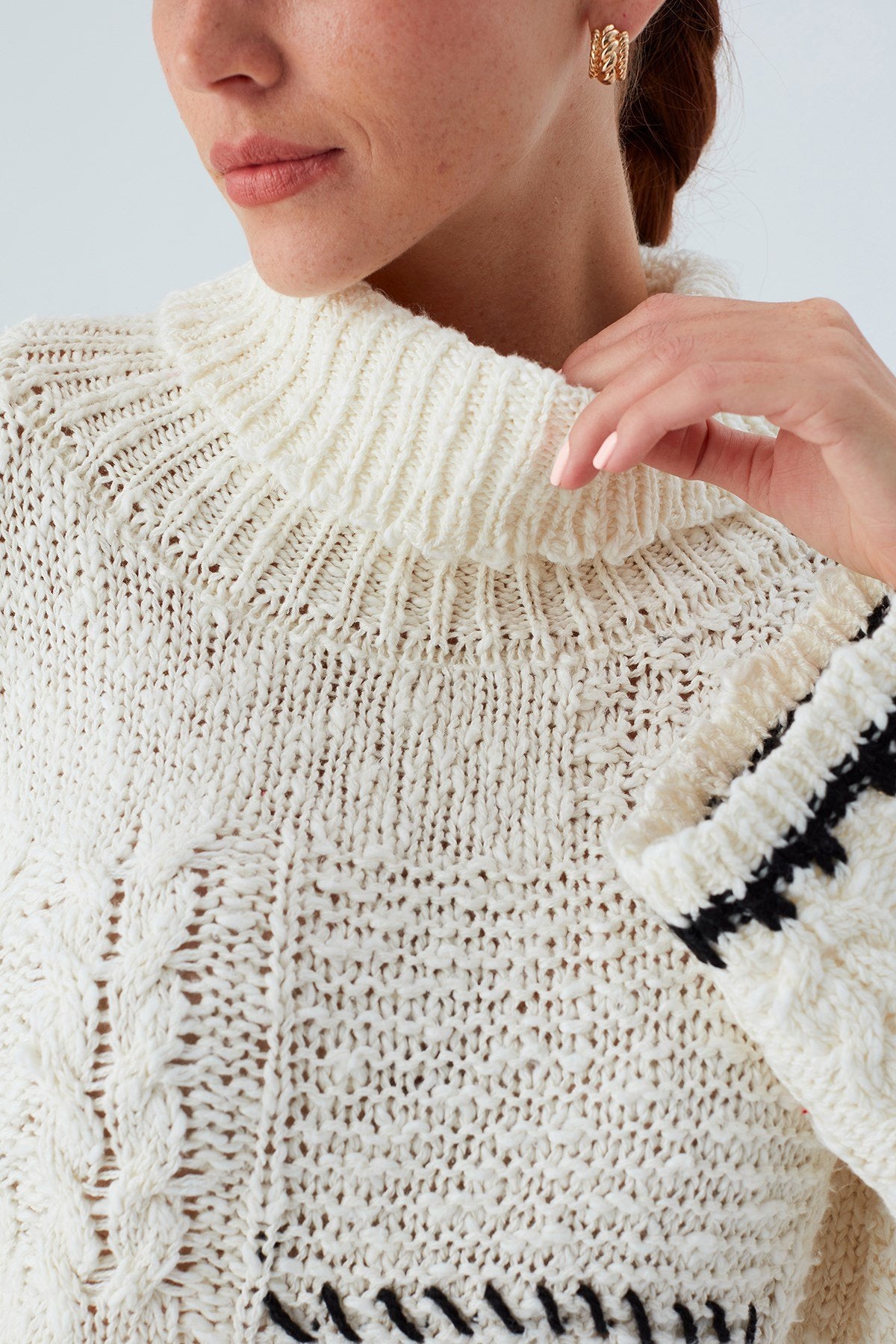 Peraluna-Ilda Pullover %100 Pamuk Saç örgülü Bol Kesim Kadın Triko Kazak Ekru-Kazak-5-Milagron.com