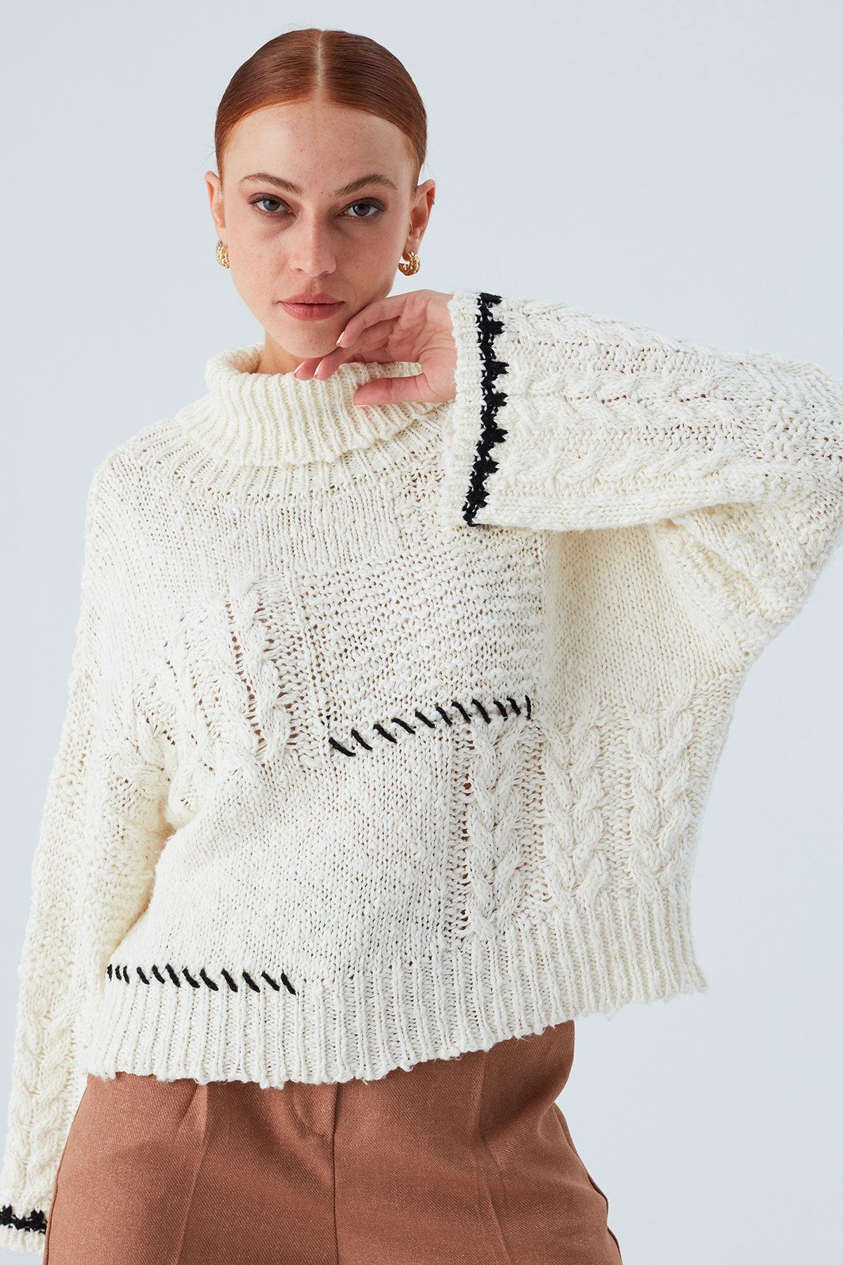 Peraluna-Ilda Pullover %100 Pamuk Saç örgülü Bol Kesim Kadın Triko Kazak Ekru-Kazak-6-Milagron.com