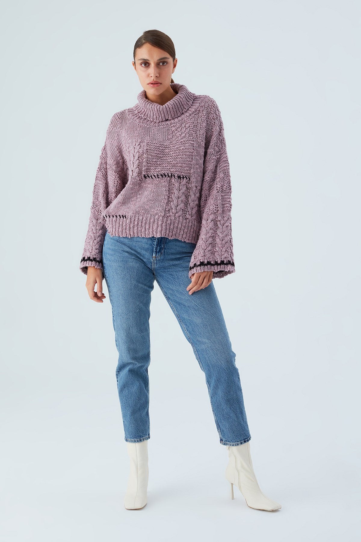 Peraluna-Ilda Pullover %100 Pamuk Saç örgülü Bol Kesim Kadın Triko Kazak Gül Kurusu-Kazak-1-Milagron.com