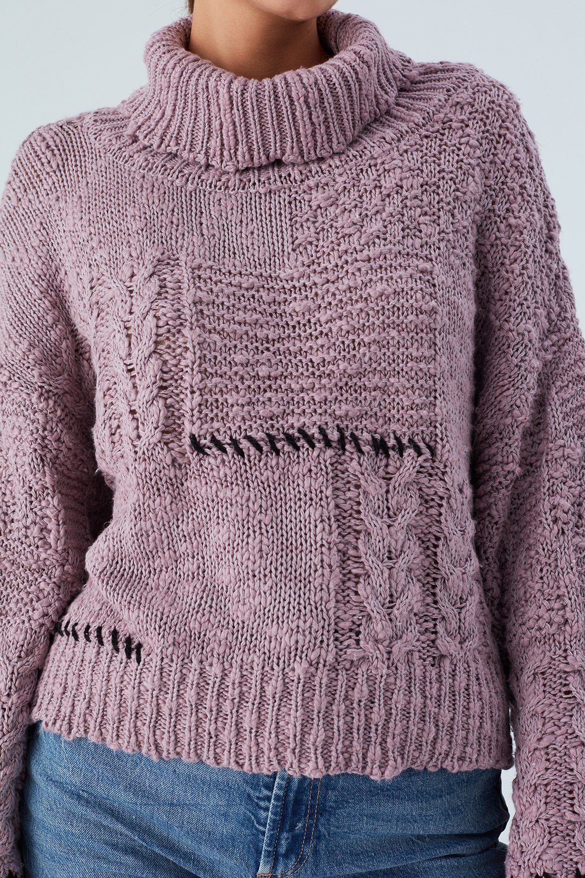 Peraluna-Ilda Pullover %100 Pamuk Saç örgülü Bol Kesim Kadın Triko Kazak Gül Kurusu-Kazak-5-Milagron.com