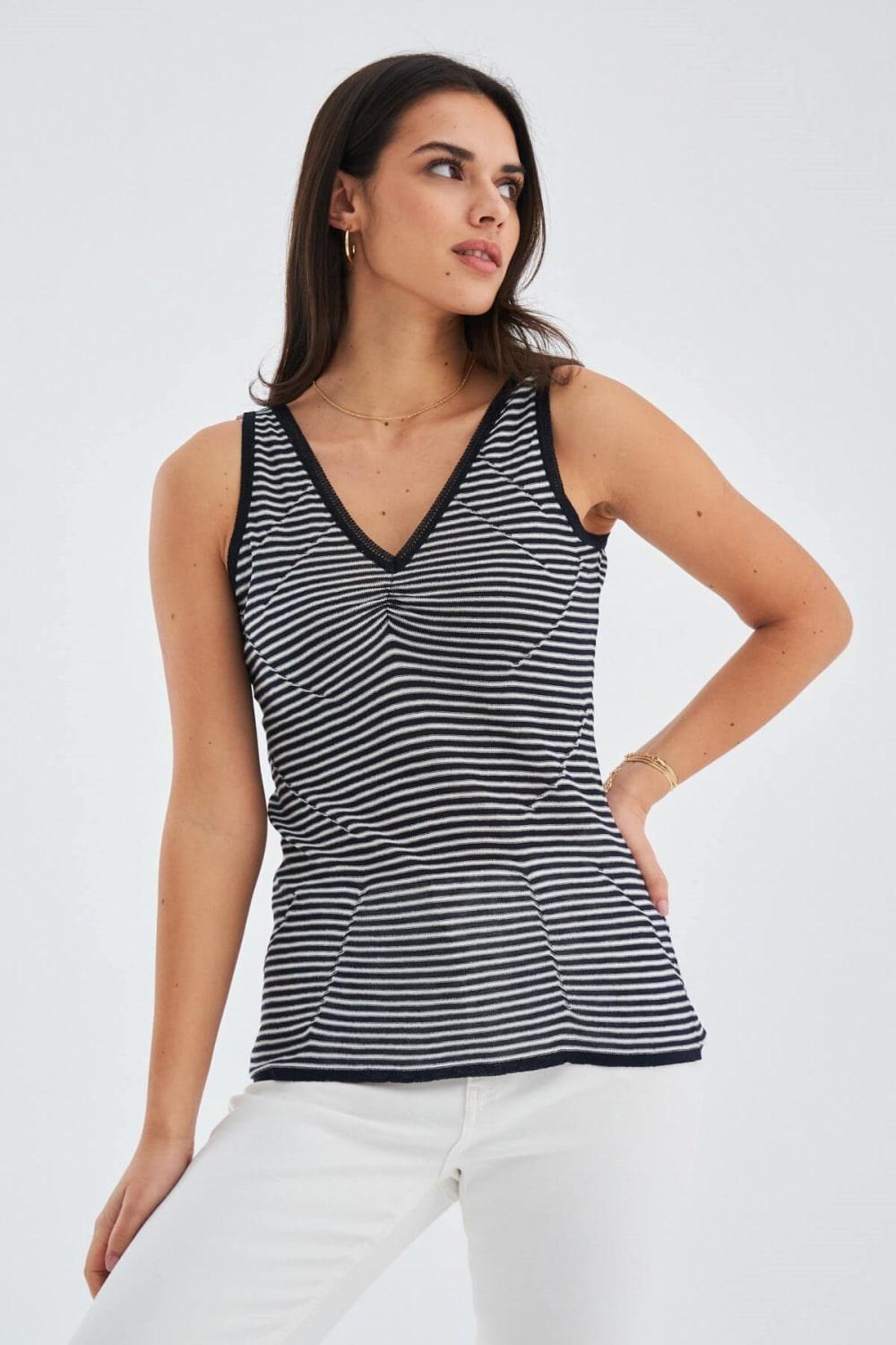 Peraluna-İnce Çizgili V Yaka Kadın Triko Atlet-Atlet-1-Milagron.com